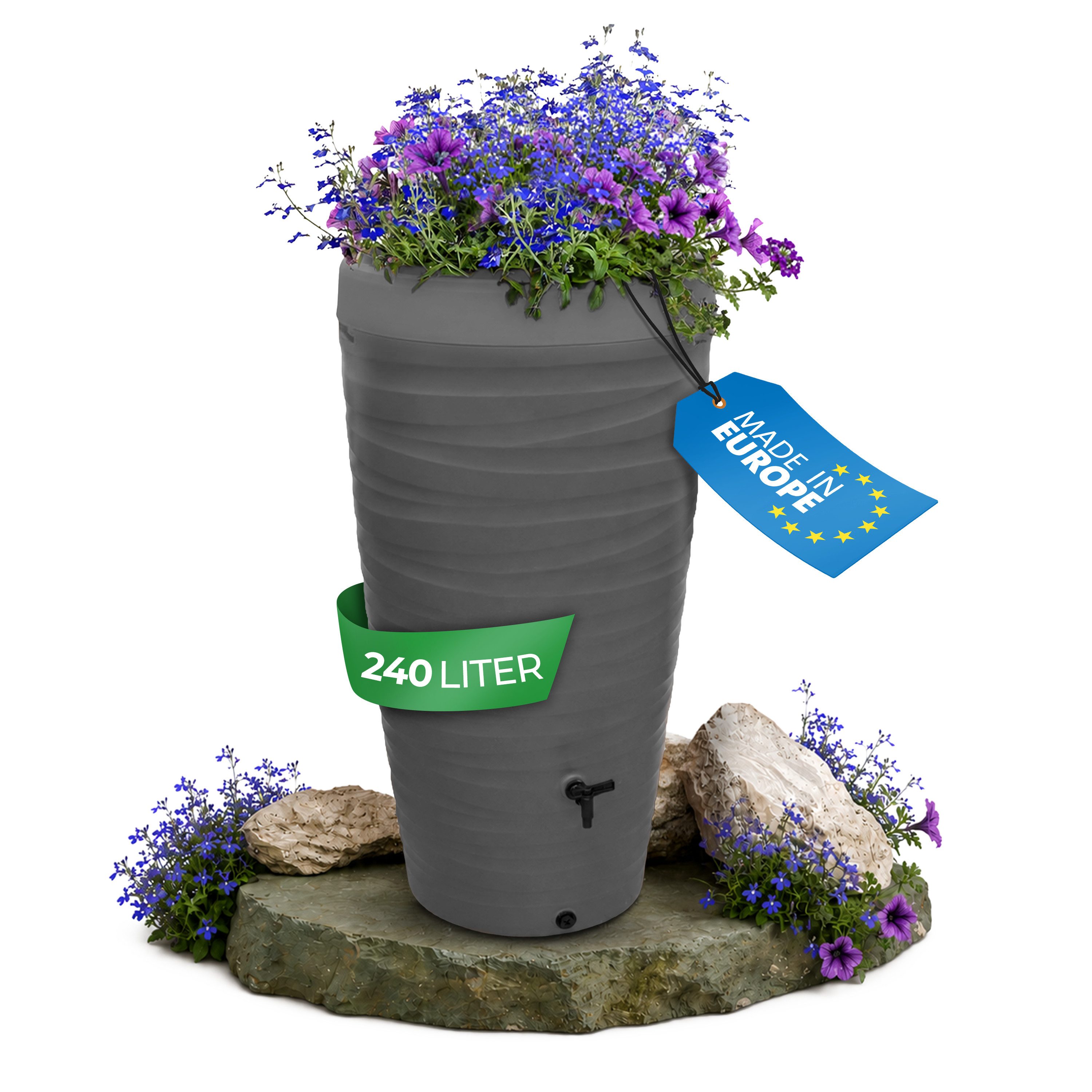 YourCasa Regentonne 240 Liter [Wave Design] Regenfass aus Kunststoff mit Wasserhahn, Bepflanzbar,240L,mit Wasserhahn