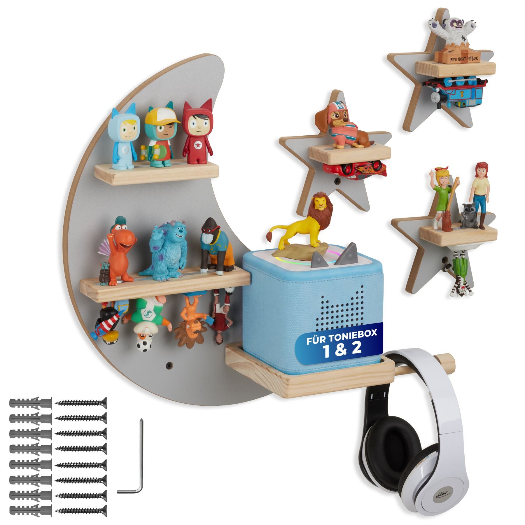 tectake Wandregal Magnetisches Kinderregal für bis zu 25 Figuren, Toniebox geeignet, Tonie Regal MyLittleStory Star 1-tlg., Mit unsichtbarer Aufhängung und integrierter Kabelführung
