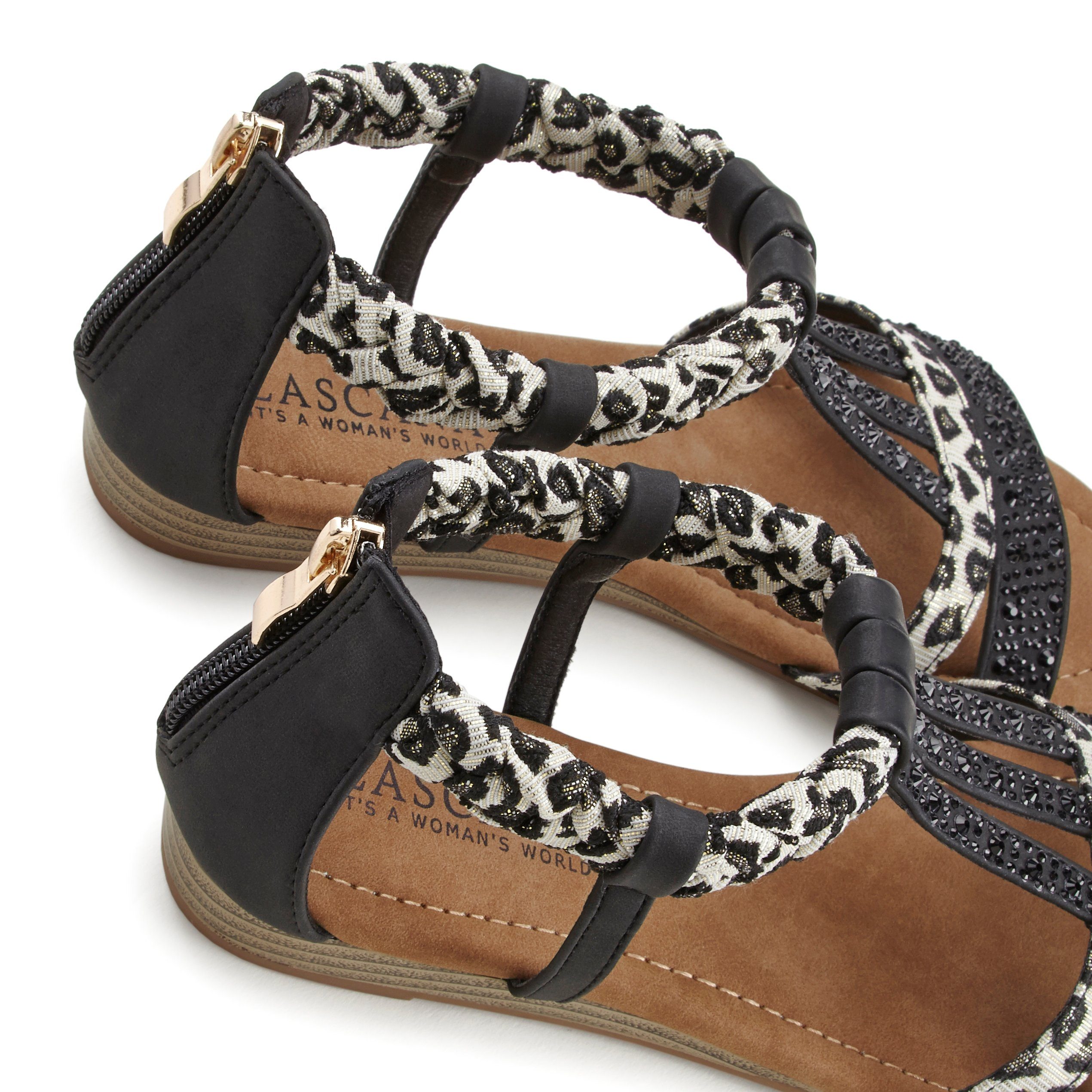 Sandale Keilabsatz VEGAN Sandalette, LASCANA schwarz/leo Sommerschuh Verzierung mit und kleinem