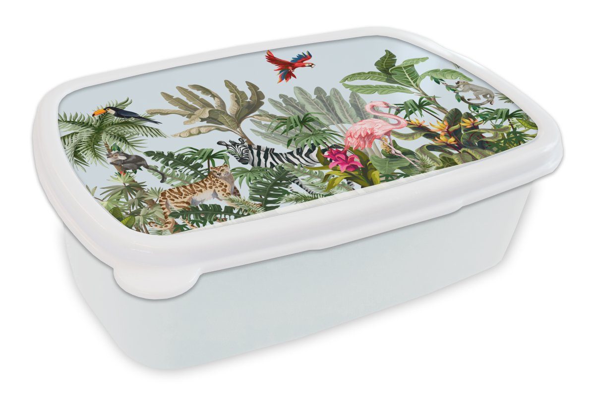 Dschungel Brotdose, und Lunchbox - - Kinder für - (2-tlg), Mädchen Jungs weiß Jungen Mädchen und - Kinder, Affe Flamingo - für Erwachsene, MuchoWow Kunststoff, Brotbox
