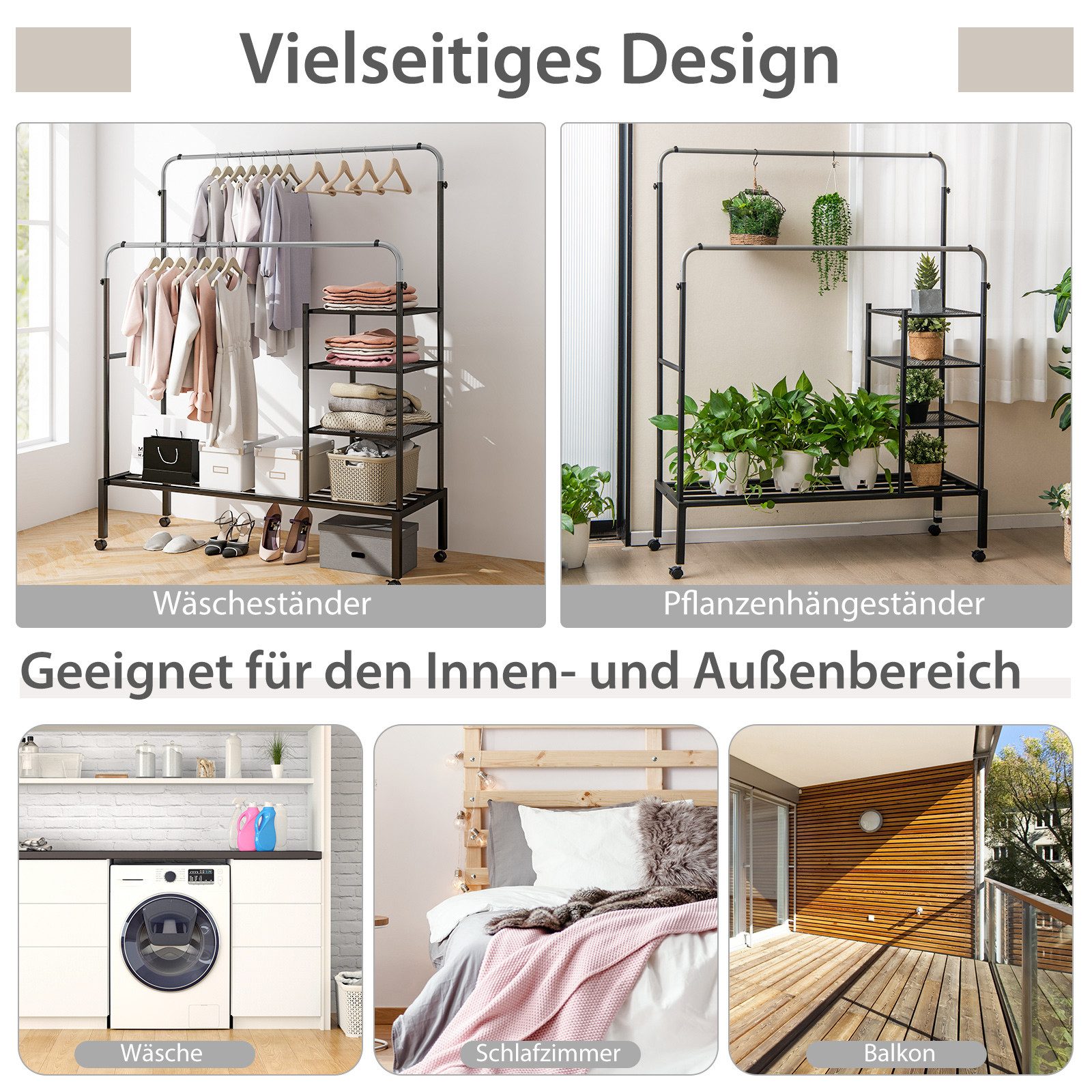 COSTWAY Kleiderständer, mit Rollen, Kleiderstangen, Ablagen, günstig online kaufen