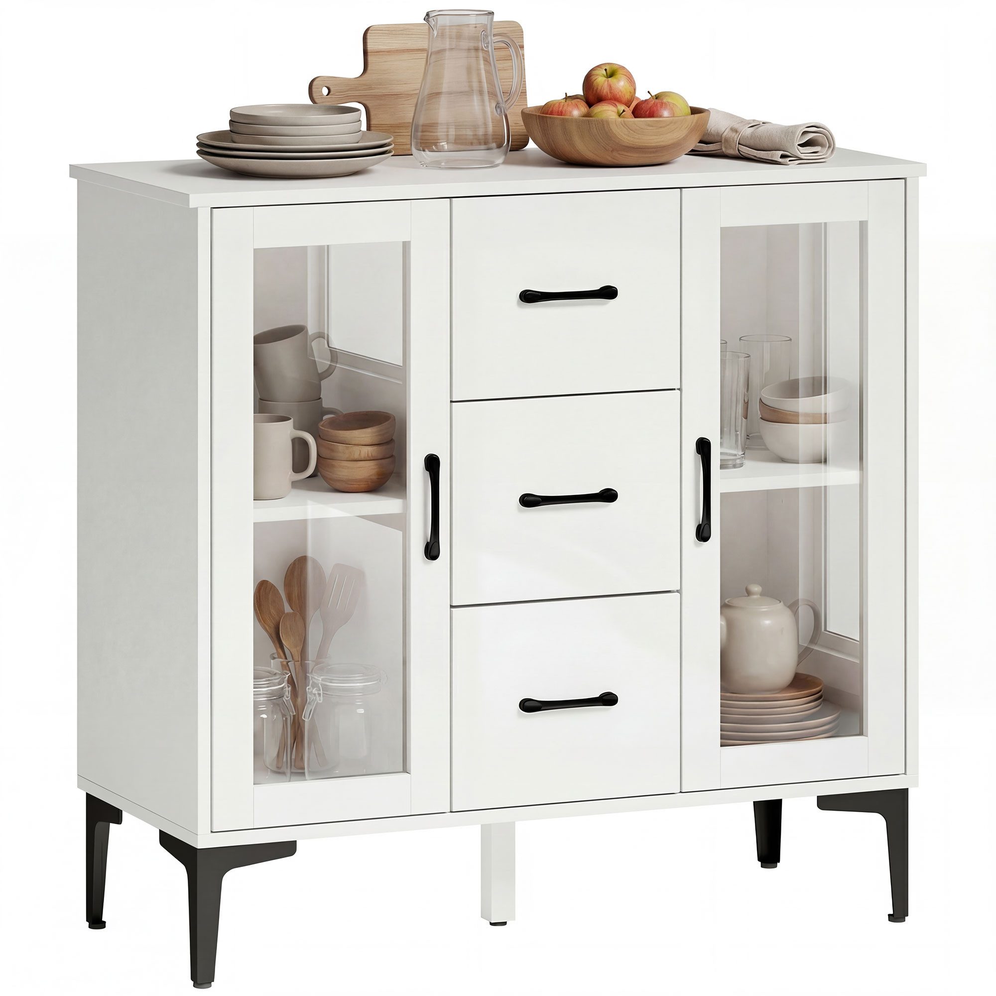 HOMCOM Sideboard mit 3 Schubladen, 2 Glastüren, verstellbaren Regalen (Modern Schubladenschrank, 1 St., Kommode), mit Soft-Close-Scharnieren, für Wohnzimmer Esszimmer Flur, Weiß