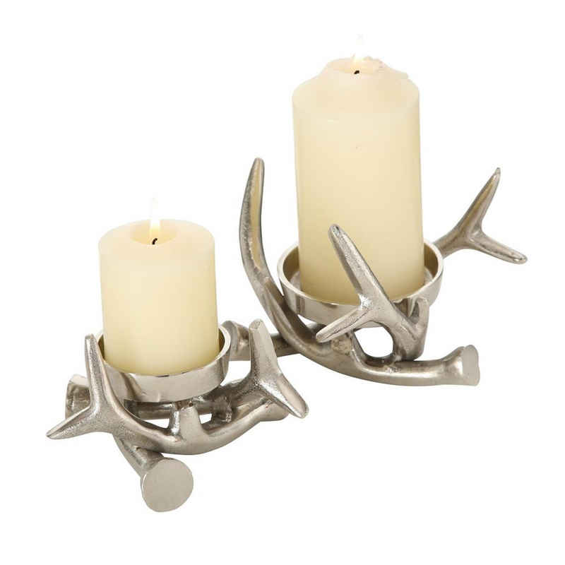 BOLTZE Kerzenleuchter Brano 2er Set, Silber Metall Geweih Kerzenhalter Kerzenständer Stumpenkerzen