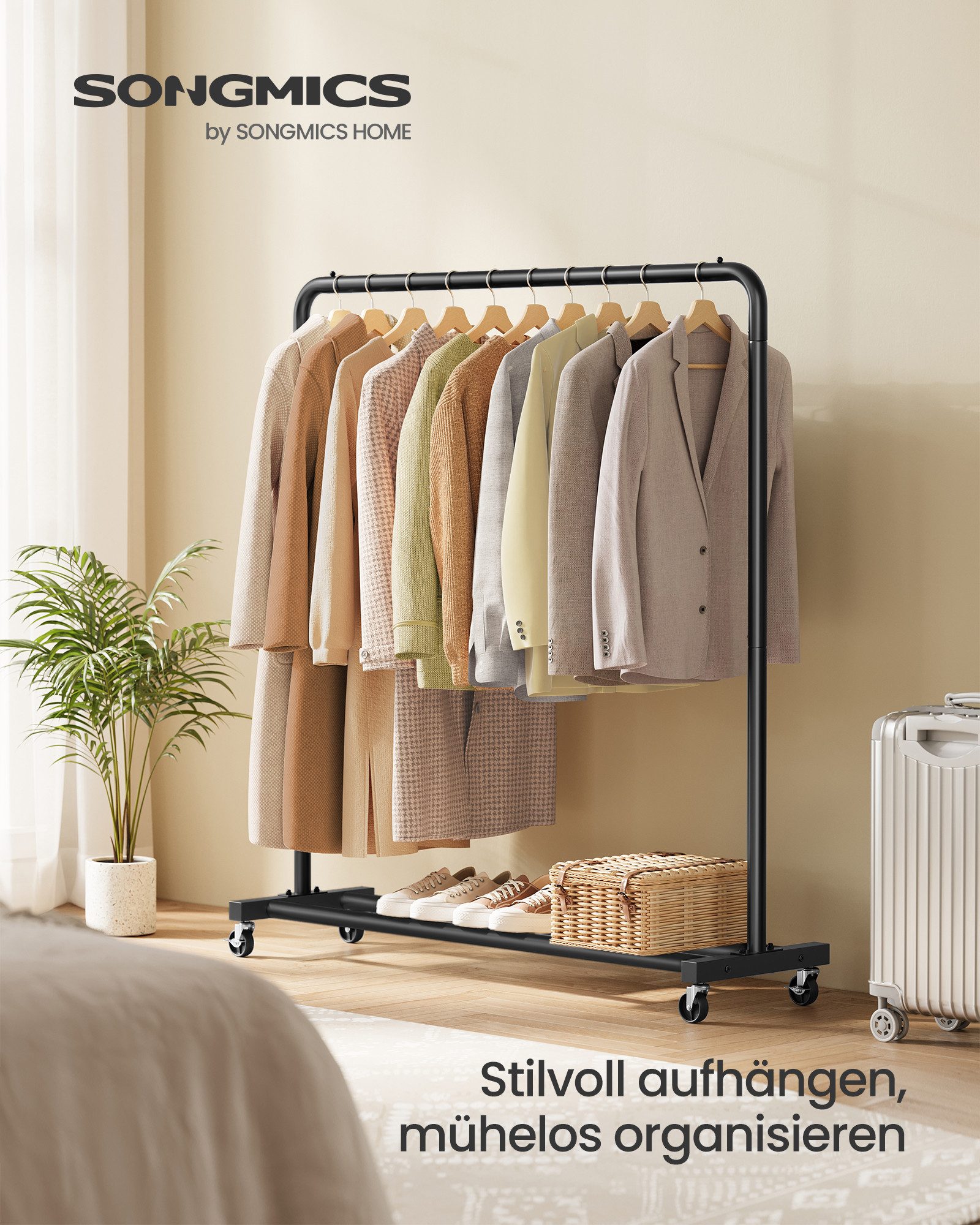 SONGMICS Kleiderständer, Kleiderstange auf Rollen, Garderobenständer