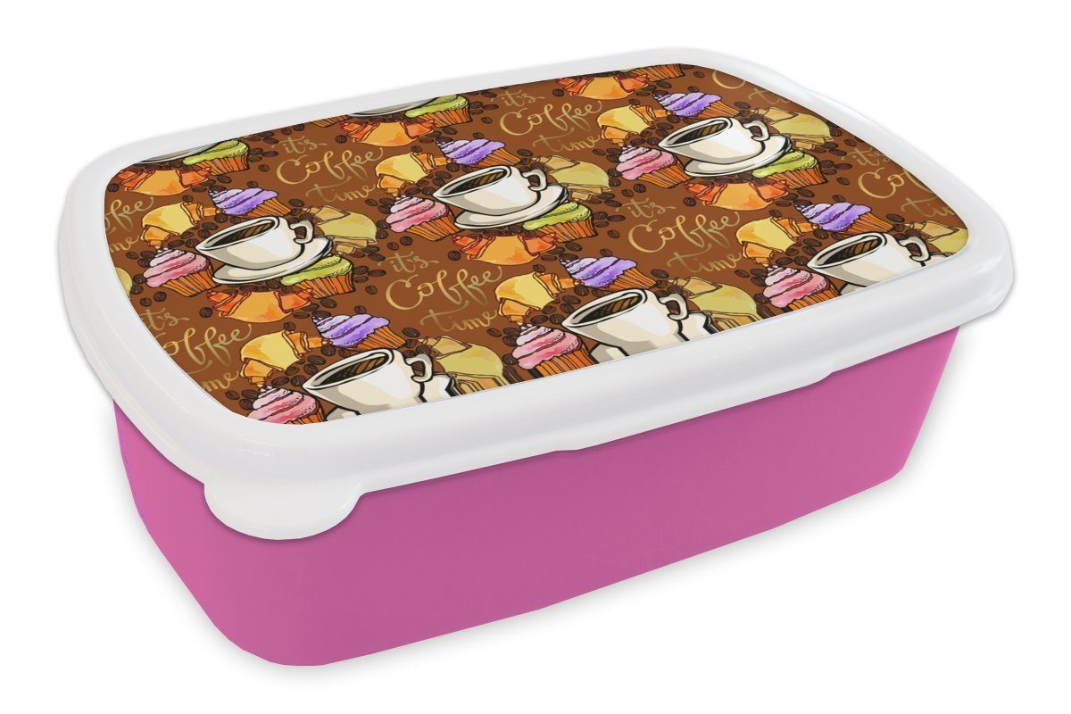 MuchoWow Lunchbox Kaffee - Croissant - Frühstück, Kunststoff, (2-tlg), Brotbox für Erwachsene, Brotdose Kinder, Snackbox, Mädchen, Kunststoff rosa