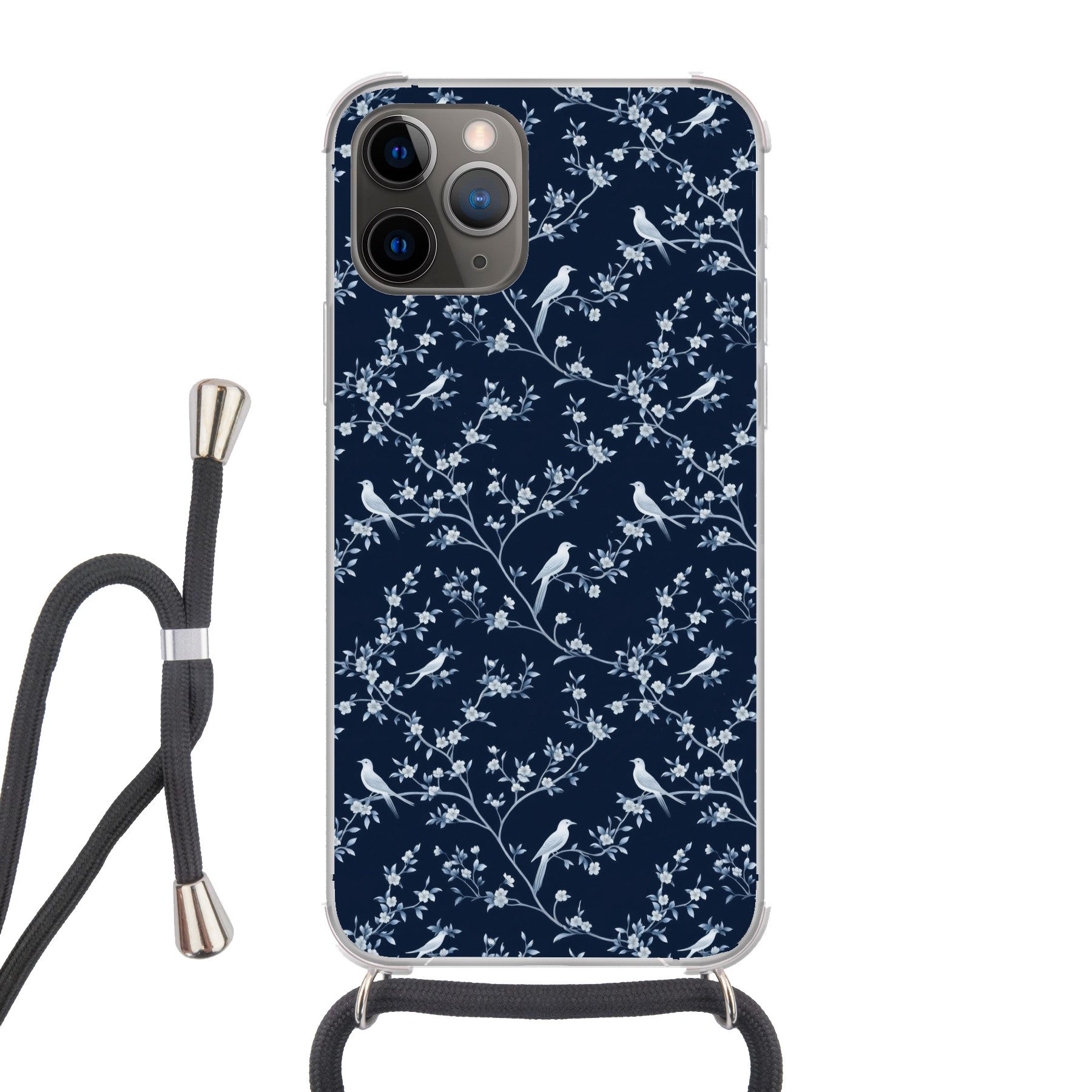 MuchoWow Handyhülle für Apple iPhone 12 Pro Grafik - Blütenzweig - Blau, Tragbare Handyhüllen mit Kette zum umhängen, Handykette Handyband