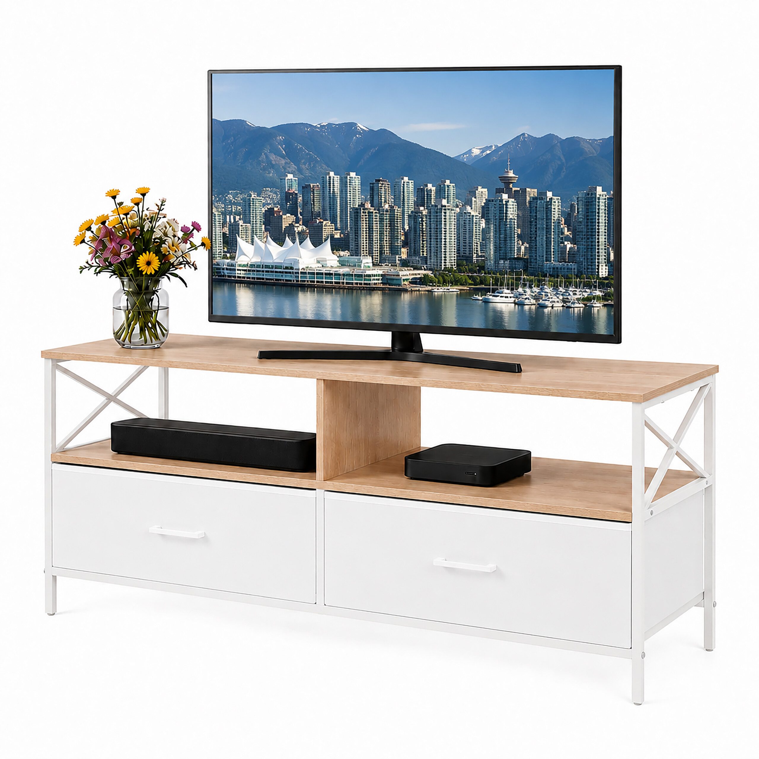 relaxdays Lowboard TV Lowboard mit Stauraum (1 St), Holzoptik-Weiß, 120 cm