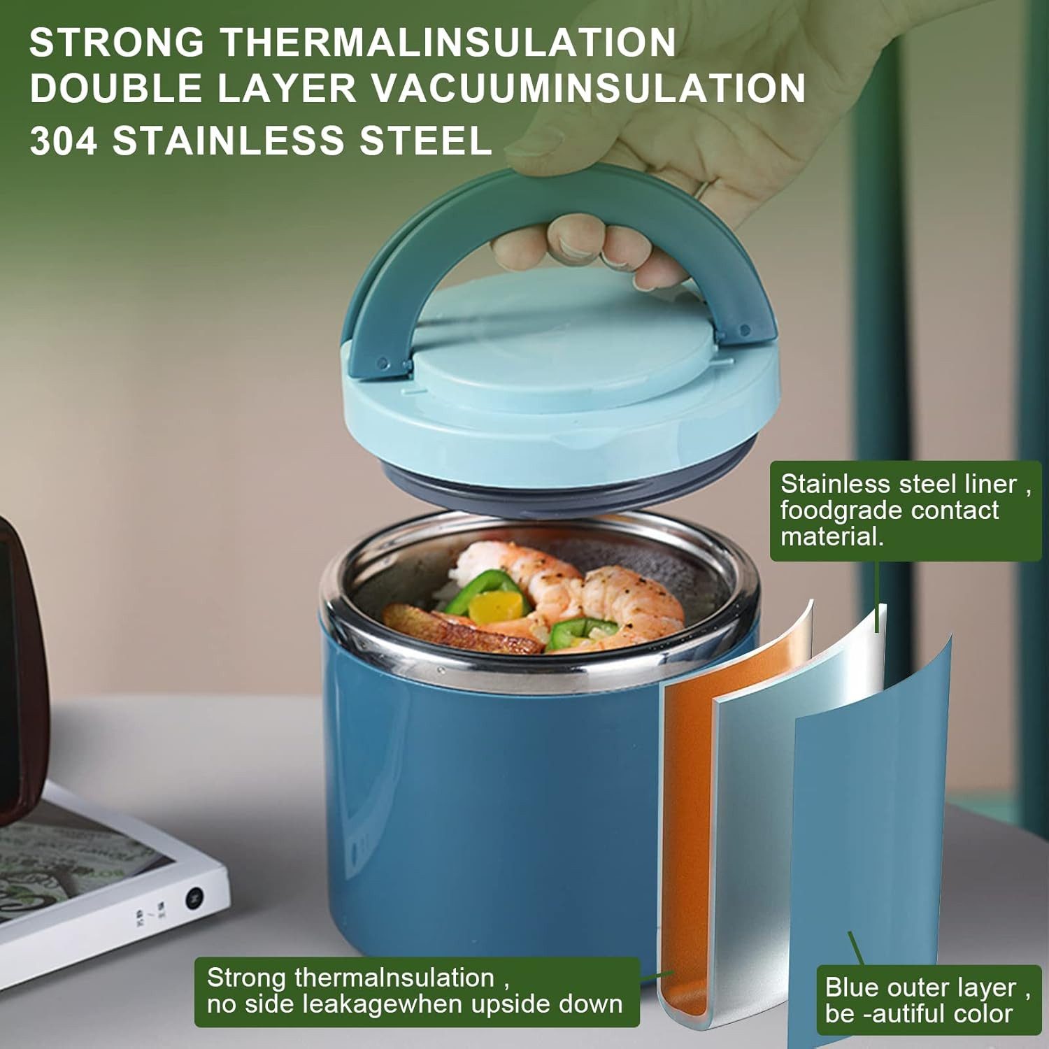 FELIXLEO Thermobehälter Thermobehälter 1000ml Edelstahl mit Löffel für Essen Warmhaltebox, (1-tlg) – Bild 4 von 5