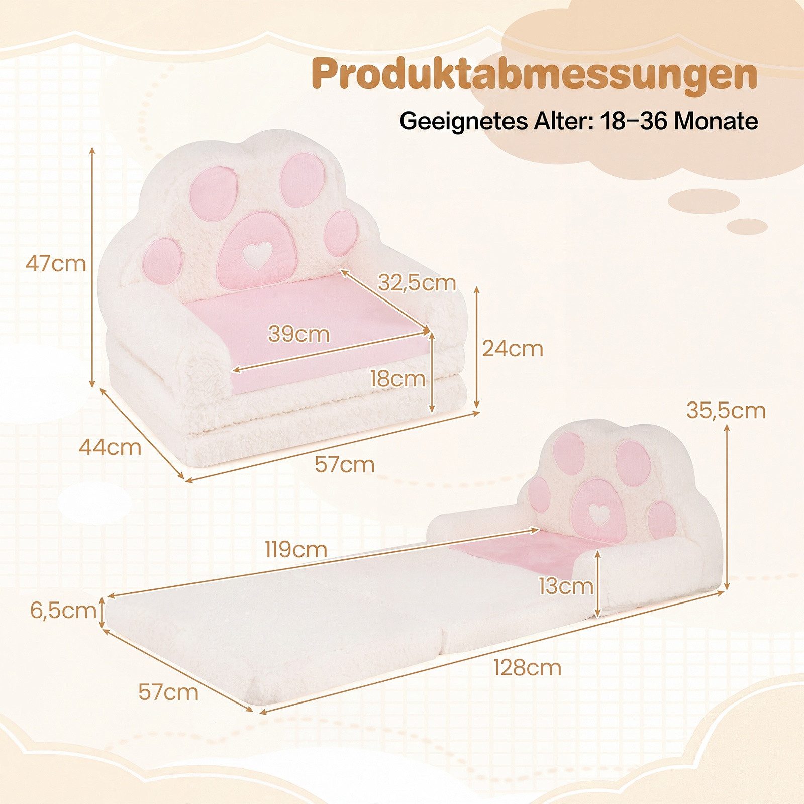 COSTWAY Kindersofa 2 in 1 Kindersessel, Ausklappbar in Bärentatzen Form, Spielsofa, Kindercouch – Bild 3 von 5
