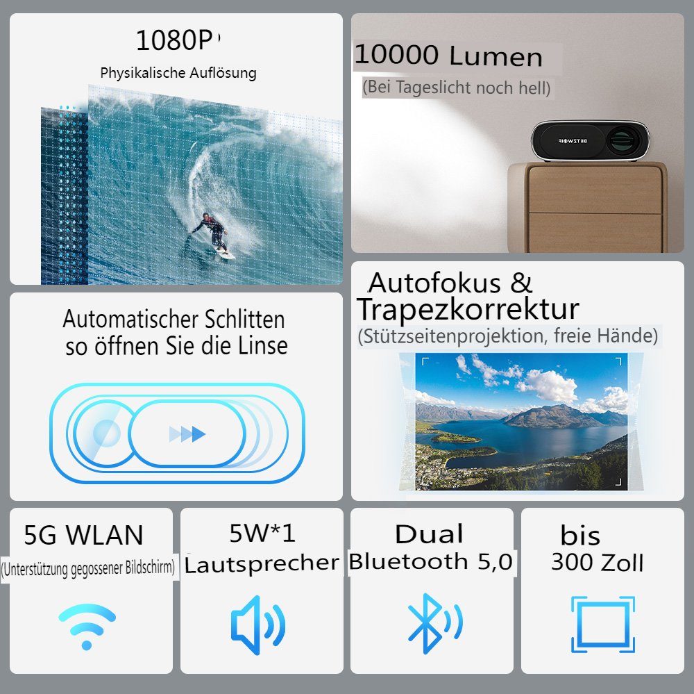 1080 x Autofokus, Bluetooth 5.0, Beamer px, 1080P-Projektor BLiTZWOLF 1000:1, (1920 5G WIFI tragbar)