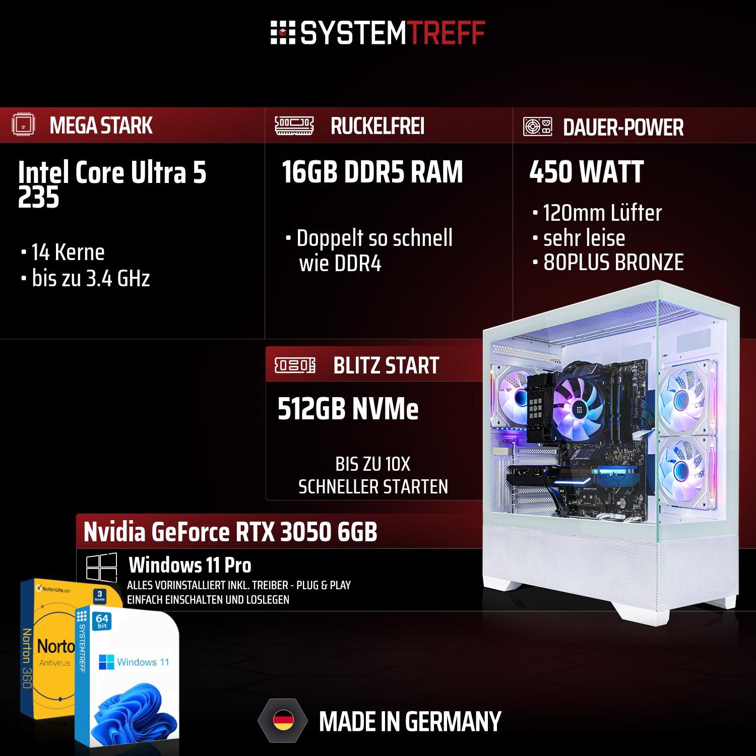 SYSTEMTREFF Basic Gaming-PC (Intel 235 235, GeForce RTX 3050, 16 GB RAM, 512 GB SSD, Luftkühlung)