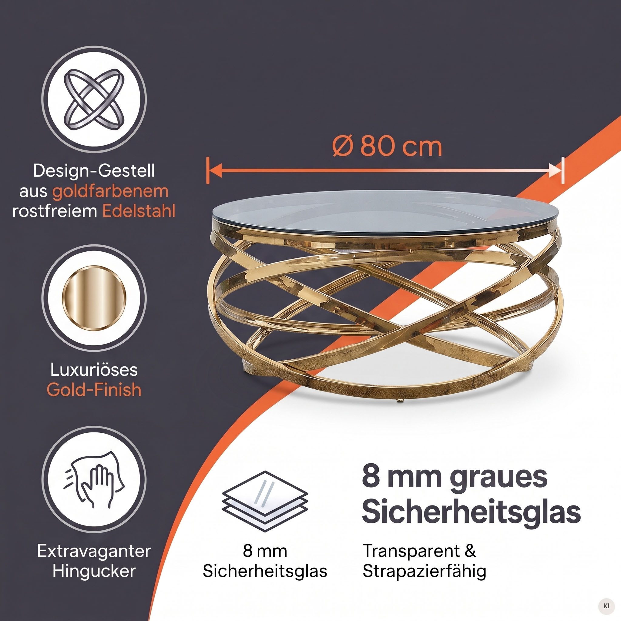 SalesFever Couchtisch mit Design-Gestell in Stainless Steel für stilvolles Wohnen, Gestell gefertigt aus rostfreiem Edelstahl