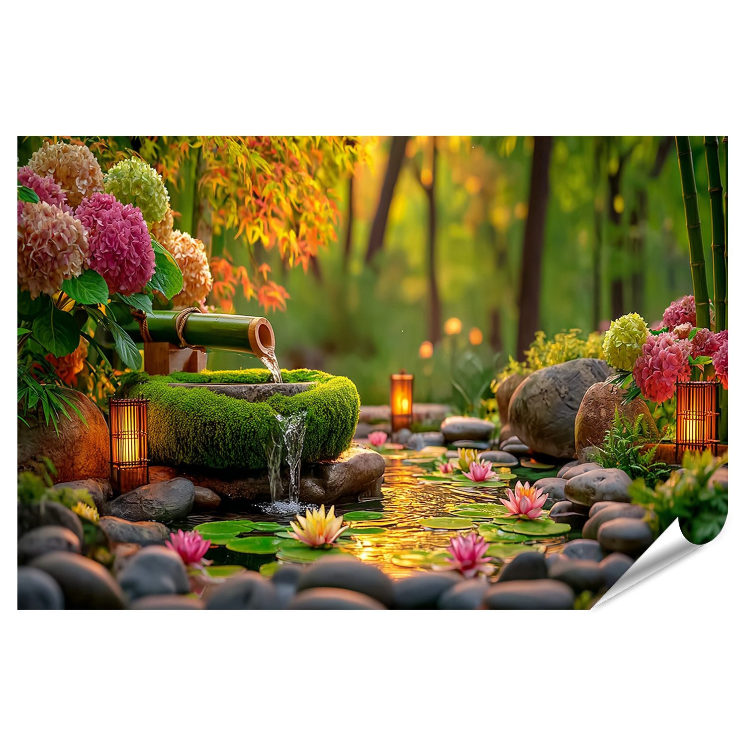 islandburner Poster Ruhiger Zen-Garten mit Wasserfall und Lotusblumen - Großformat -