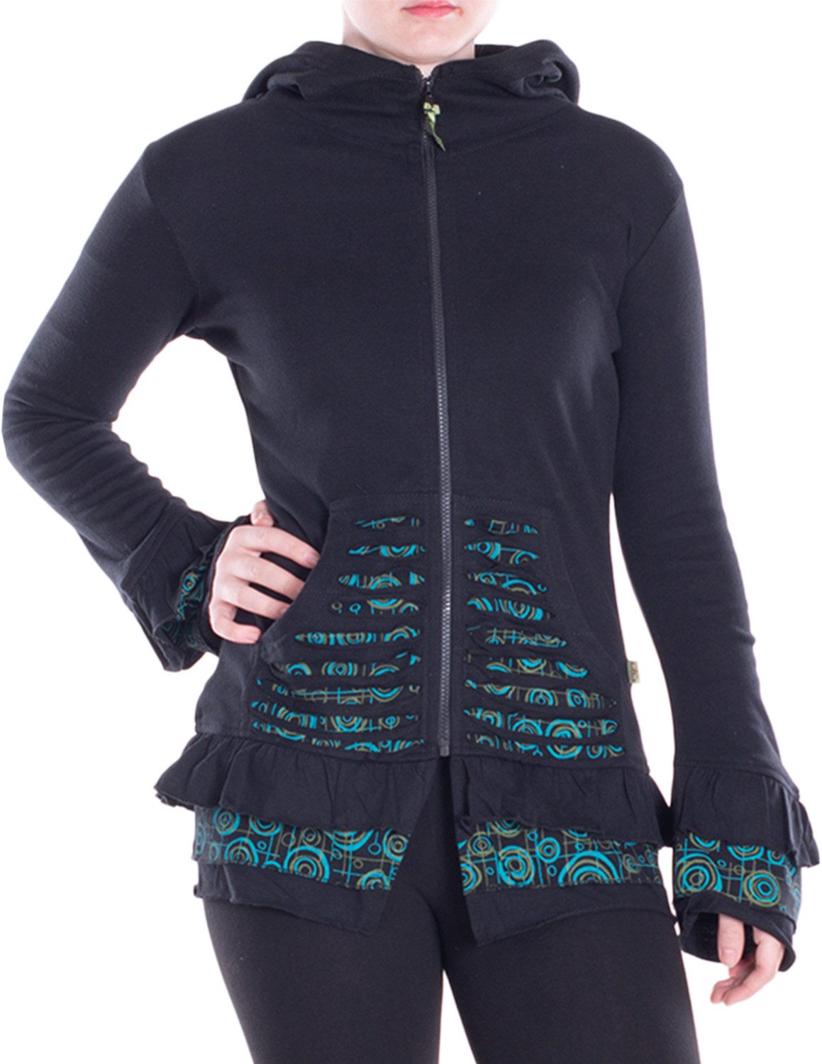 Kapuzensweatjacke Übergangsjacke aus Baumwolle mit Kapuze, weiten Ärmeln und Rüschen