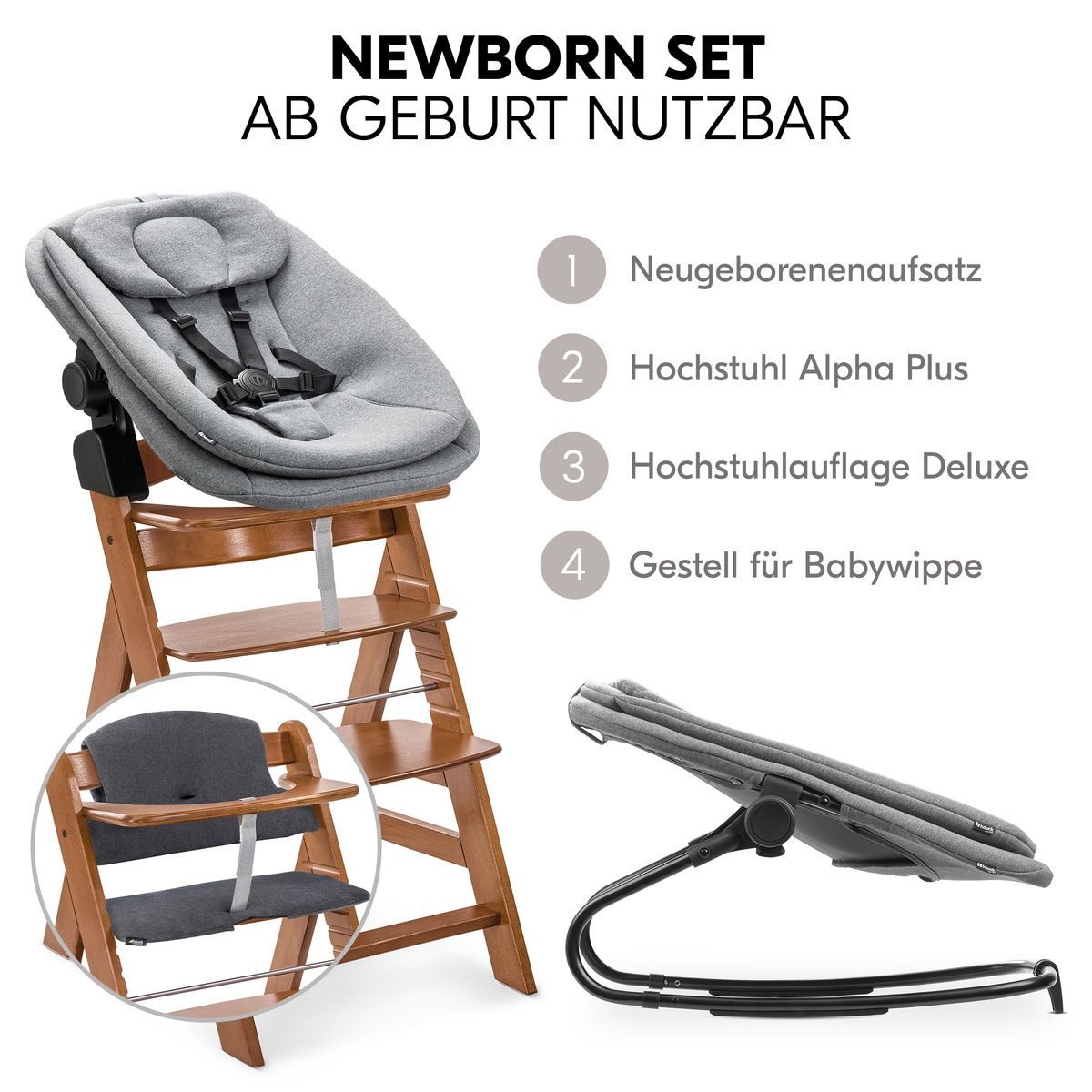 Hauck Hochstuhl Alpha Plus Walnut Newborn Set (Set), Holz Babyhochstuhl ab Geburt inkl. Neugeborenenaufsatz & Sitzauflage