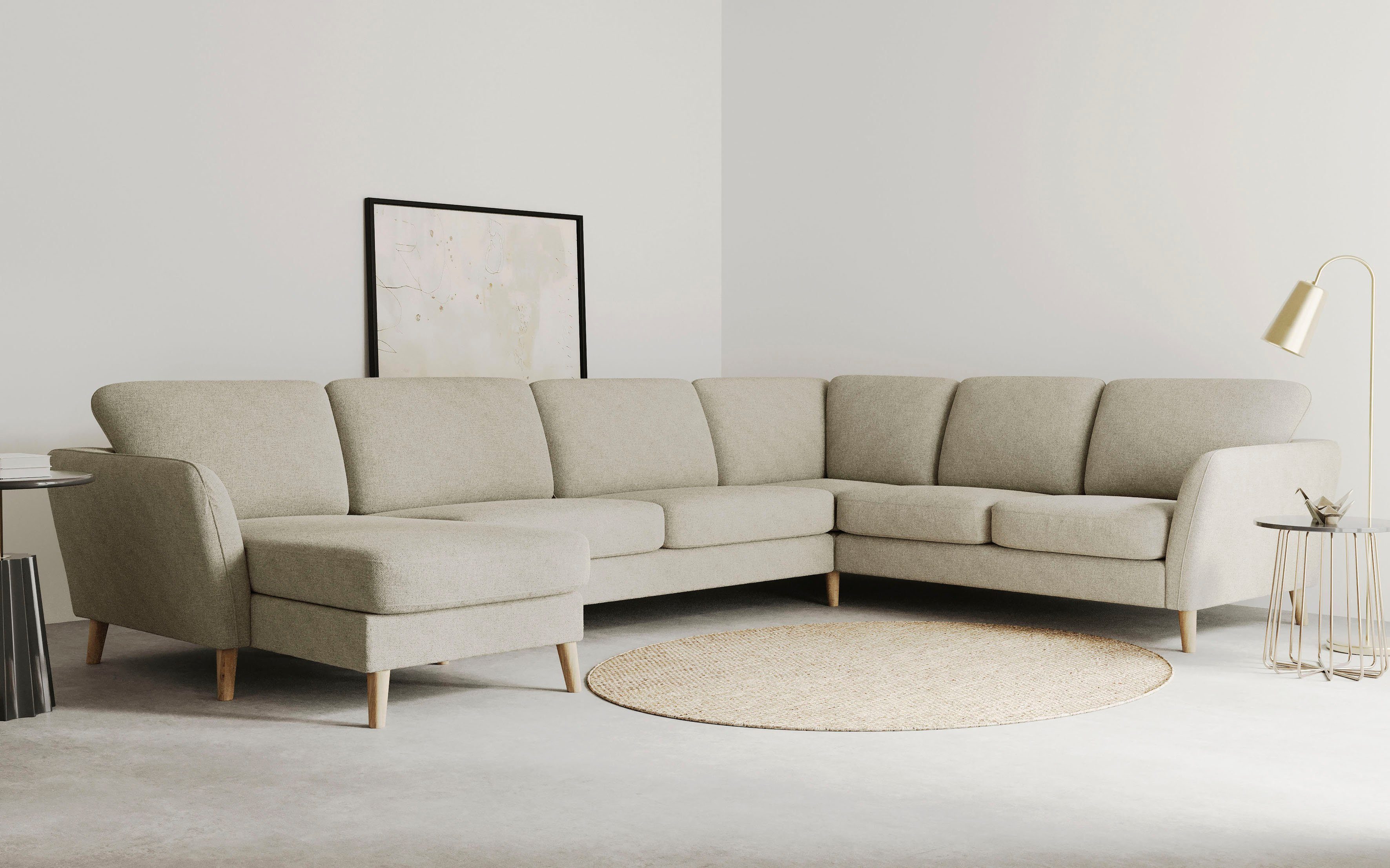 OTTO home Wohnlandschaft MARSEILLE XXL 349cm, U-Form, Ottomane rechts/links wählbar, Massivholzbeine Eiche, Landhausstil, Wellenunterfederung