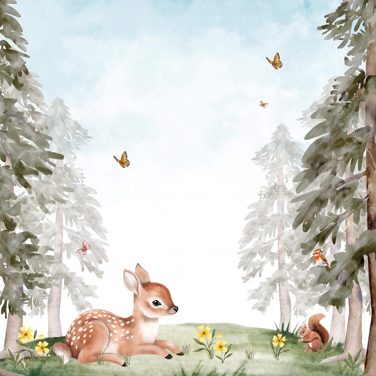 Rasch Fototapete Bambi in Braun - Kinderzimmer, Roomblush - RB453, glatt, gemustert, Wald, (1 Rolle, 1 St), Rehkitz, Cartoon