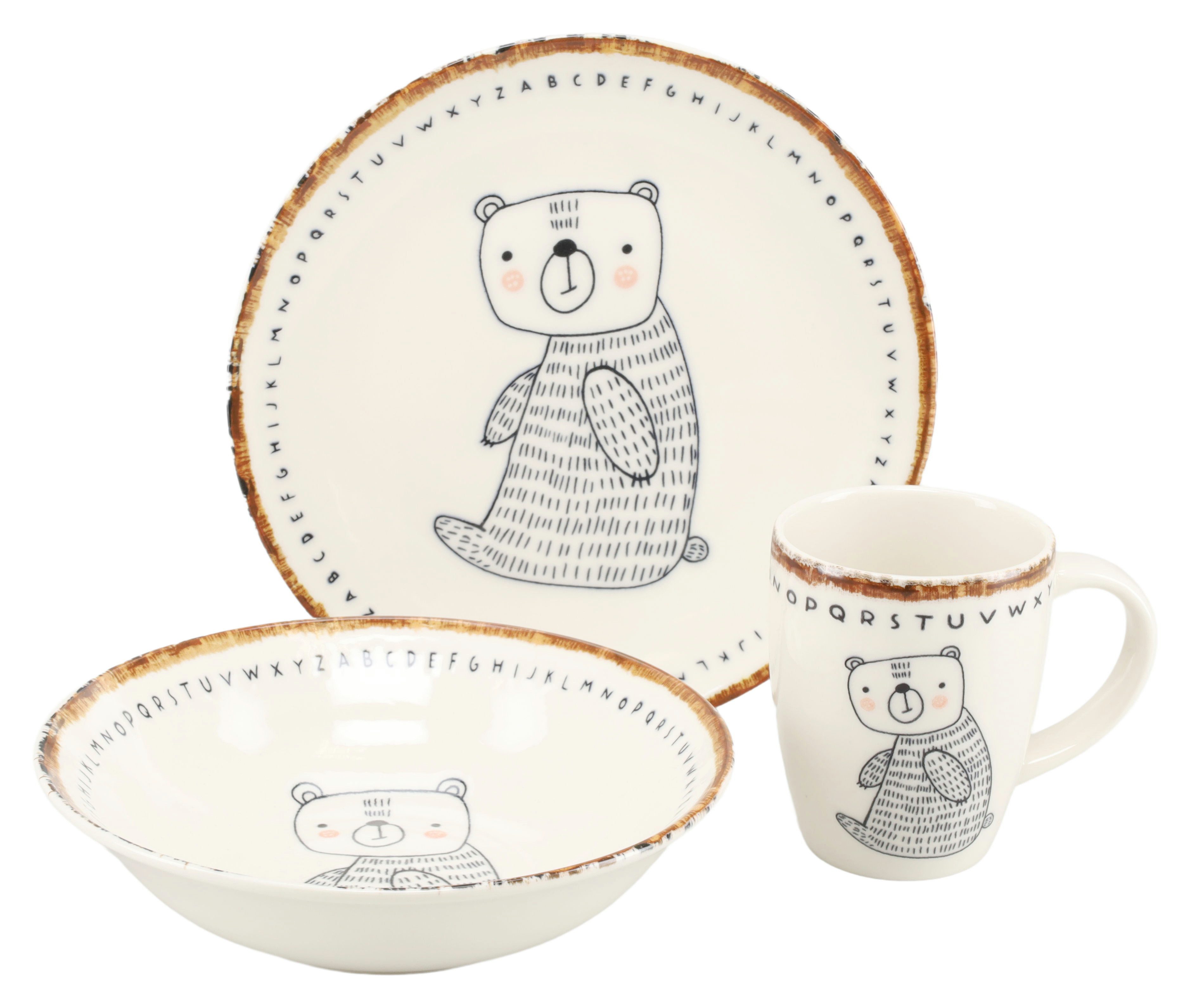 CreaTable Kindergeschirr-Set Freunde des Waldes Bär, Kinder Set 3-tlg. (3-tlg), 1 Personen, Steinzeug, Tiermotive, skandinavischer Stil, unregelmäßiger brauner Rand