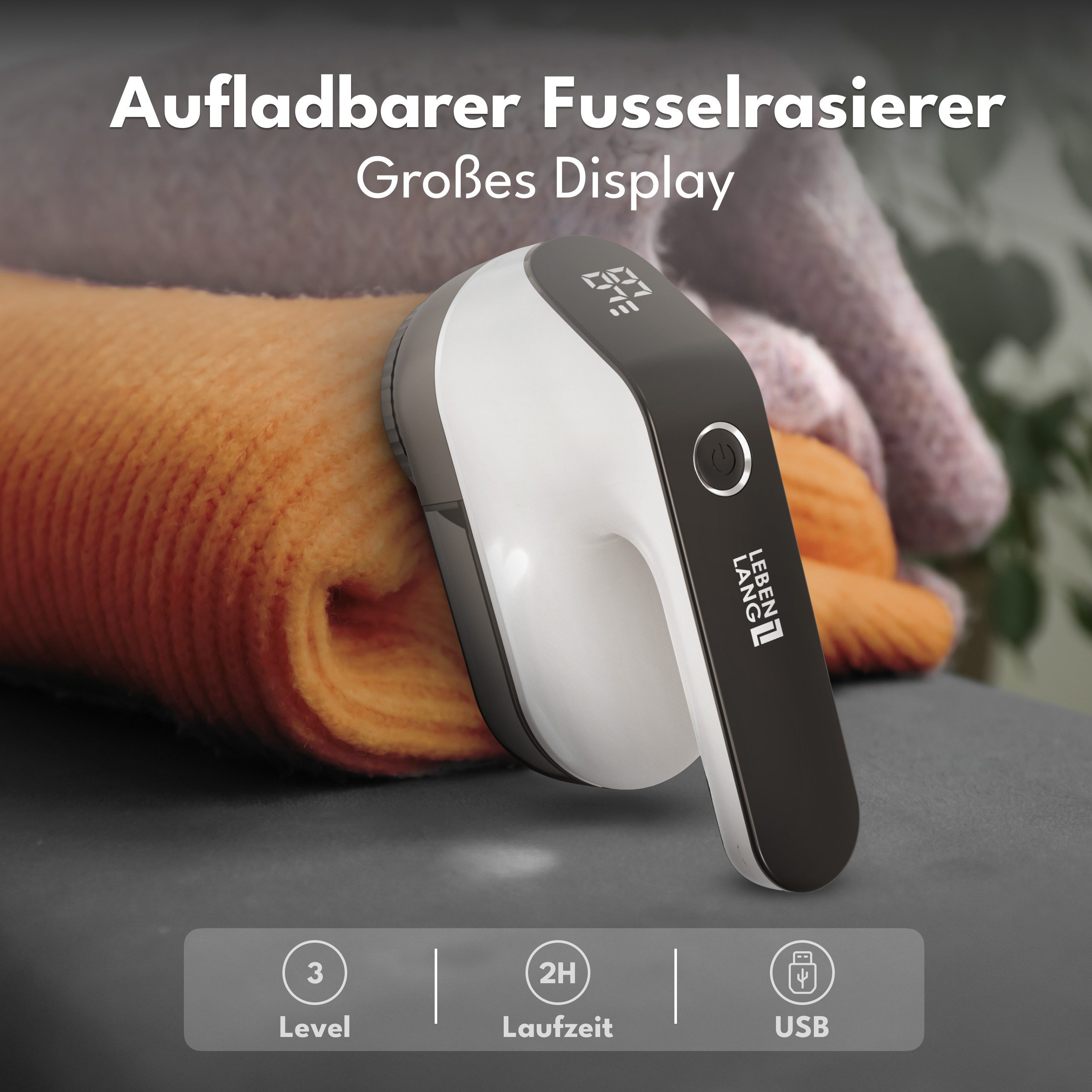 Lebenlang Fusselrasierer Elektrisch - 2000mAh & 2h Laufzeit mit LED-Anzeige & Reinigungspinsel, 3 Ersatzklingen, 6,5cm Schneidekopf, Inkl. Ladekabel & kurze Lad – Bild 2 von 5