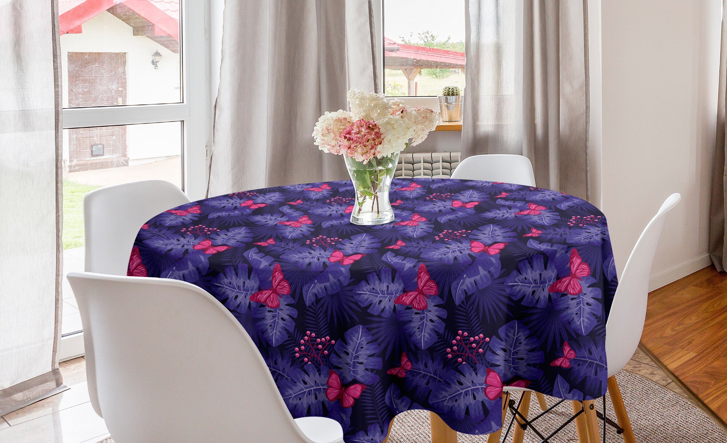 Abakuhaus Tischdecke Kreis Tischdecke Abdeckung für Esszimmer Küche Dekoration, Natürlich Schmetterlinge mit Pflanzen