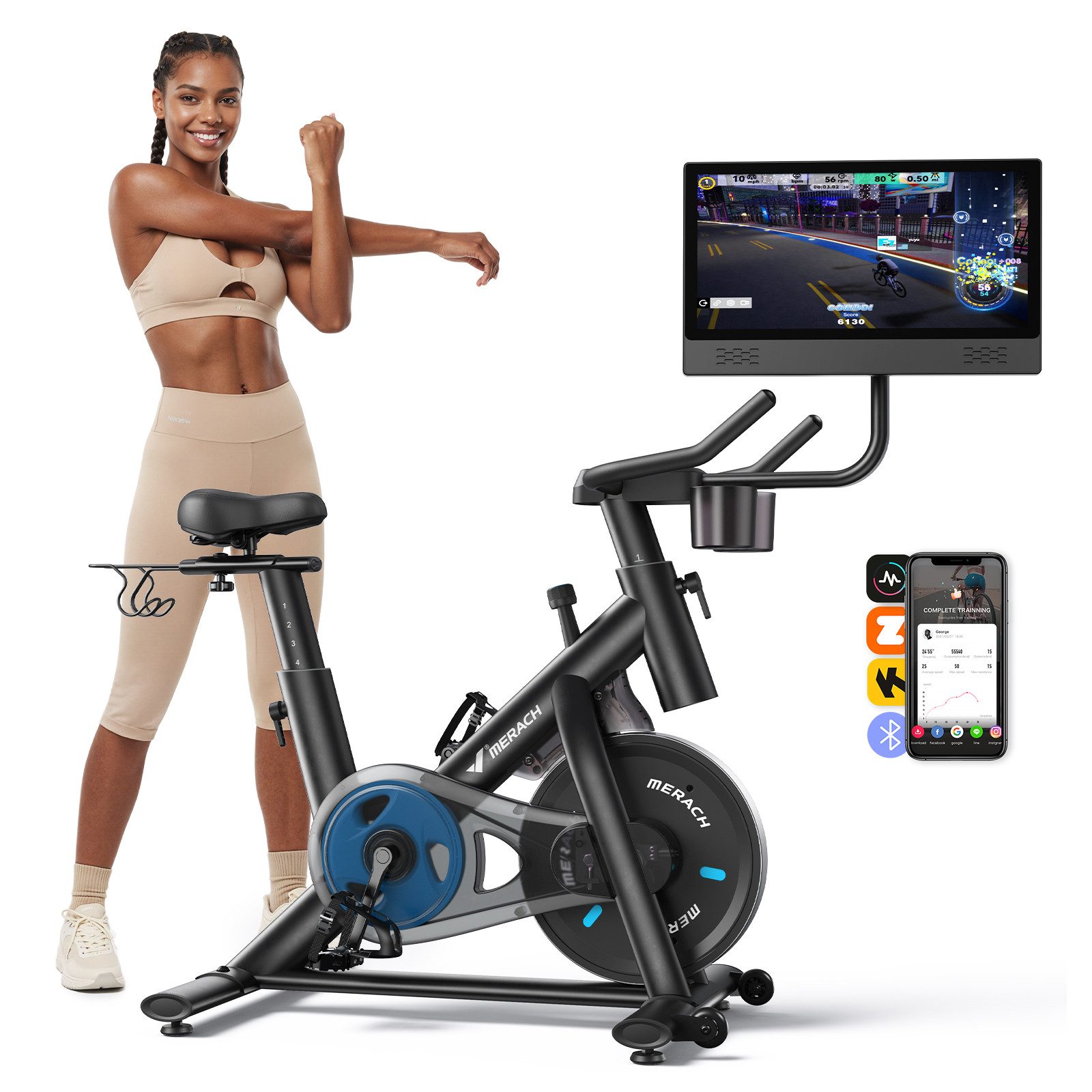 MERACH Heimtrainer Fahrrad für Zuhause mit Magnetwiderstand & HD Display (Fitness Bike Set mit App-Anbindung & Halterung für Hanteln & Flasche, 1-tlg., inkl. 39,6 cm HD Touchscreen für Kardio & Ausdauertraining), Leises Hometrainer, schwenkbarer Bildschirm, bis 136 kg