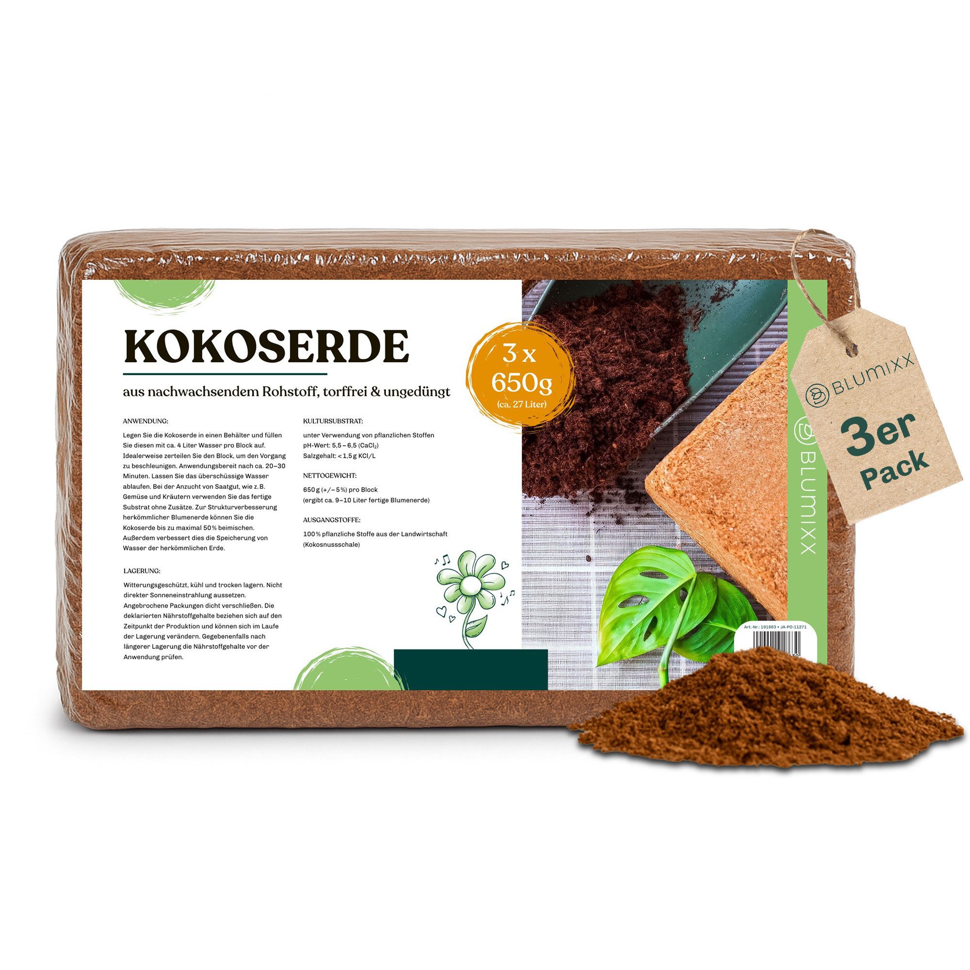 Blumixx Blumenerde Kokoserde für Pflanzen, Anzuchterde, Kokosfaser Substrat für Terrarien 3, (x 650g), torffrei, pH-neutral, natürlich abbaubar