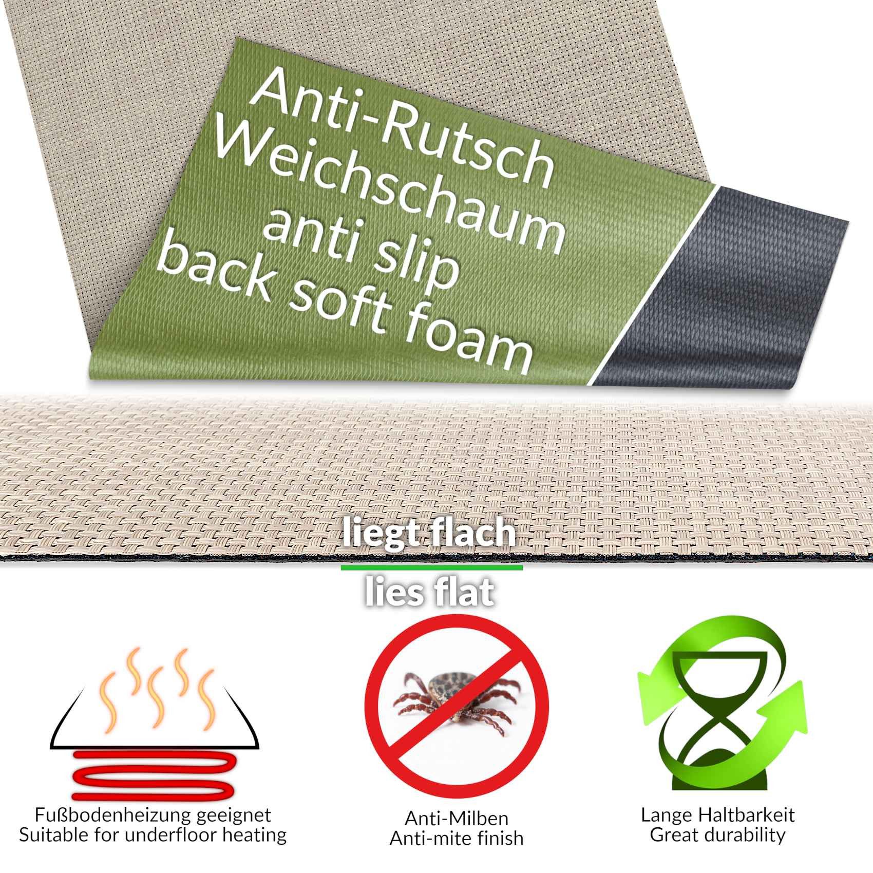ANRO Küchenläufer Hochwertig Outdoorläufer Teppich TATAMI Läufermatte, Eckig, Höhe: 3 mm, Rattanoptik