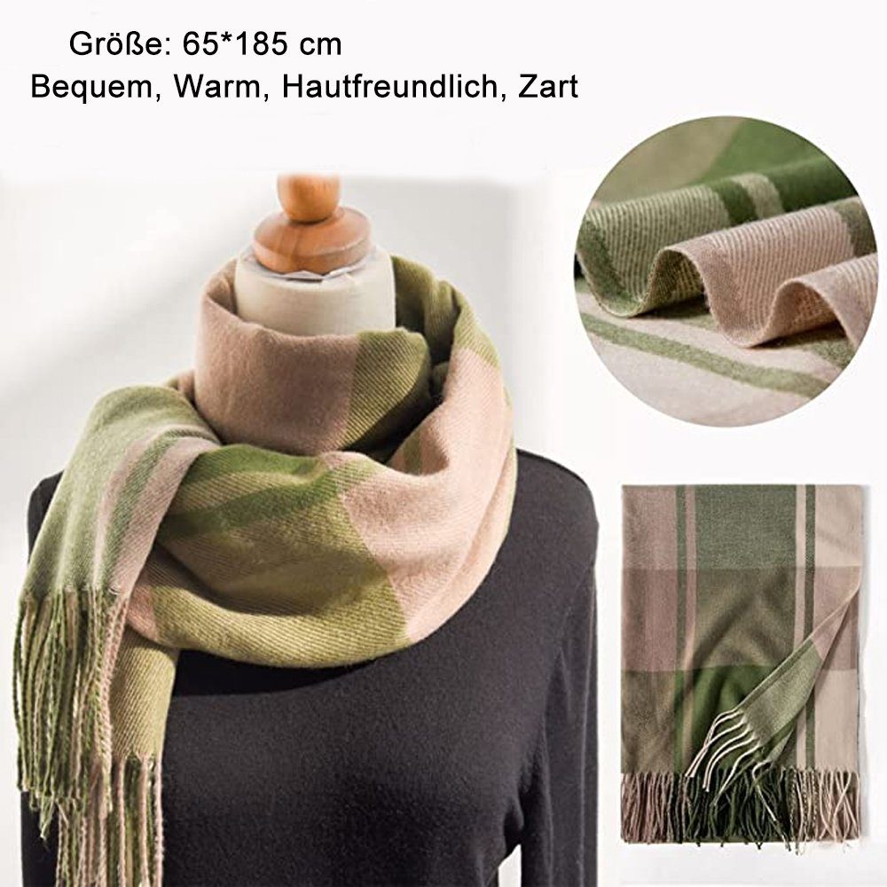 zggzerg Wollschal Damen Schal,Kariert Weich Komfort übergroßer Quadratisch Fransen Grün Schal