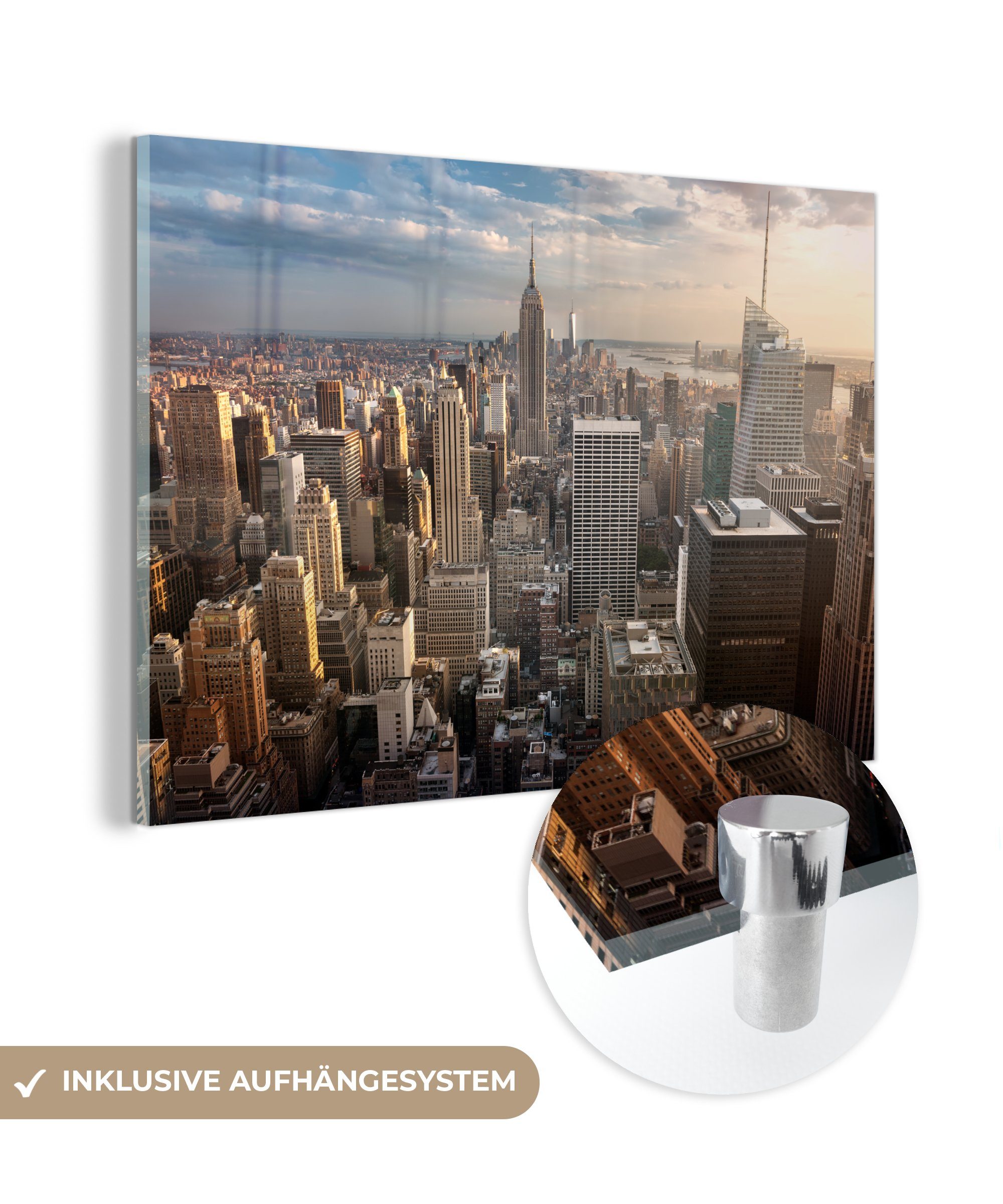 MuchoWow Acrylglasbild New York - Sonne - Wolken, (1 St), Acrylglasbilder Wohnzimmer & Schlafzimmer