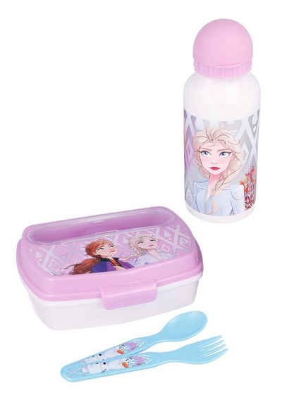 Disney Frozen Lunchbox Die Eiskönigin Lunch-Set in Geschenkkarton Brotdose, Trinkflasche, Gabel und Löffel, Anna und Elsa