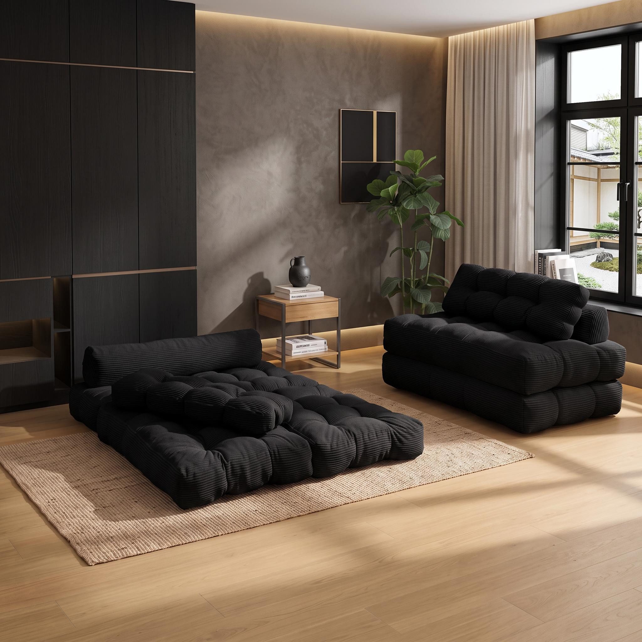 GarveeMore Schlafsofa 3-in-1 Sessel Sofa Bett mit Kissen für Wohnzimmer, 1 Teile, ausgeklappt 190 x 130 cm, Cordstoff, Schwarz/Weiß/Grau