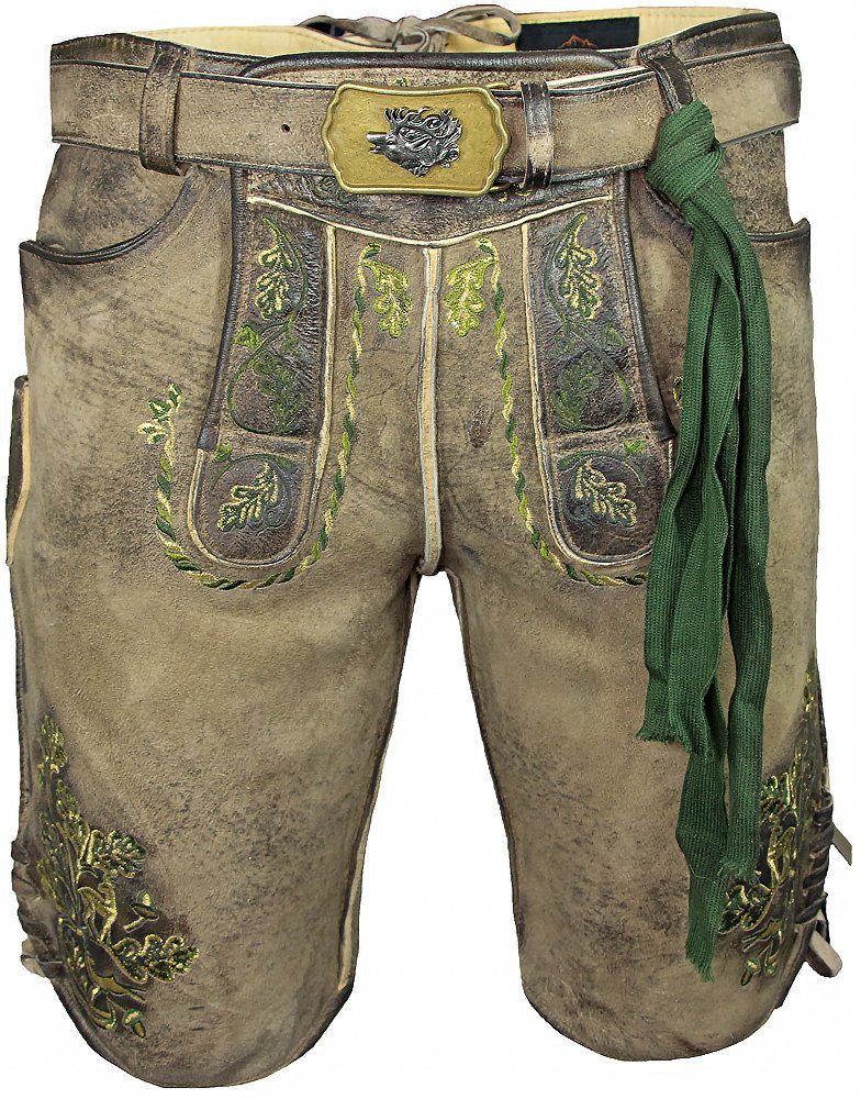 Trachtenlederhose "Hartsee" mit Gürtel - Erde Gold, Kurze Hose mit grünem Stick