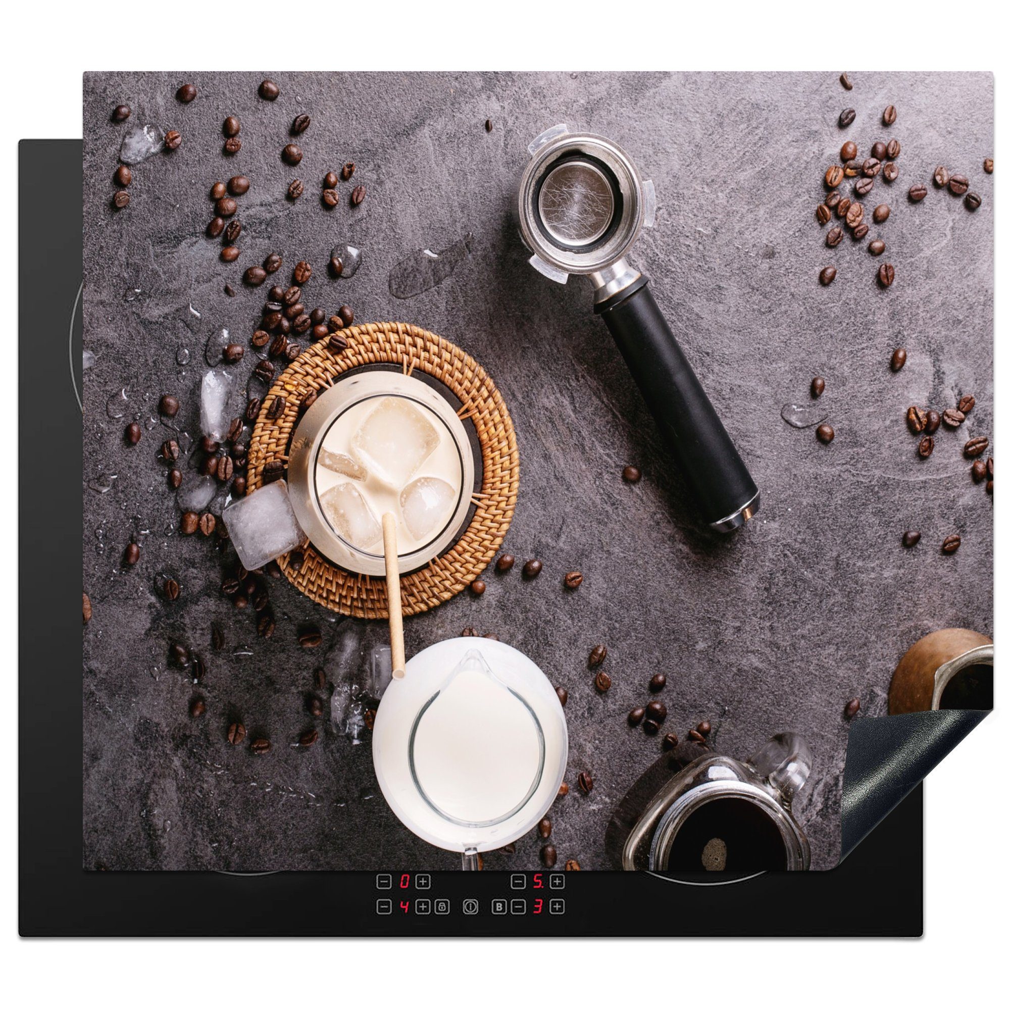 MuchoWow Herdblende-/Abdeckplatte Milch - Kaffeebohnen - Küche - Kaffeefilter, Vinyl, (1 tlg), 59x51 cm, Induktionsschutz, Induktionskochfeld, Ceranfeldabdeckung