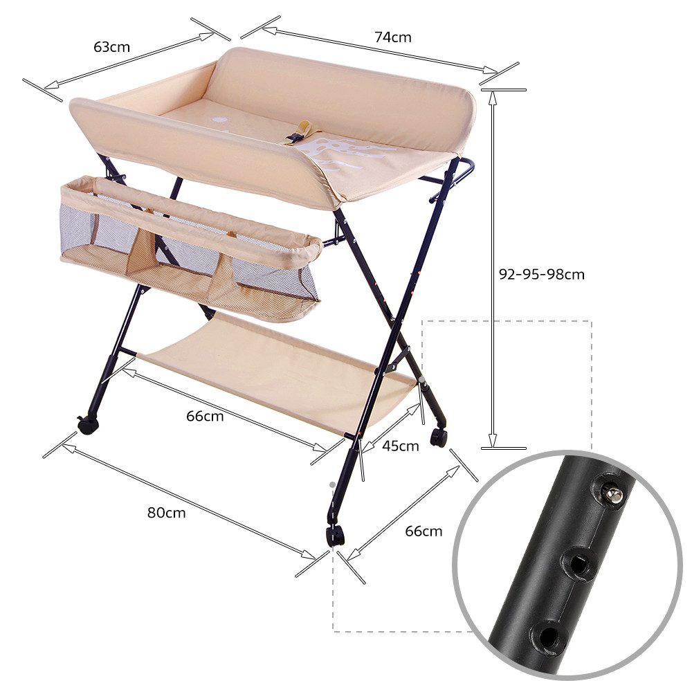 JEOBEST Wickeltisch Wickelauflage Mulde Kommode Unterlage Wickeln Baby Kind (KLAPPBAR), (1-tlg), Höhenverstellbar, Wasserdichte, Staufach, Mit Bremse – Bild 3 von 5