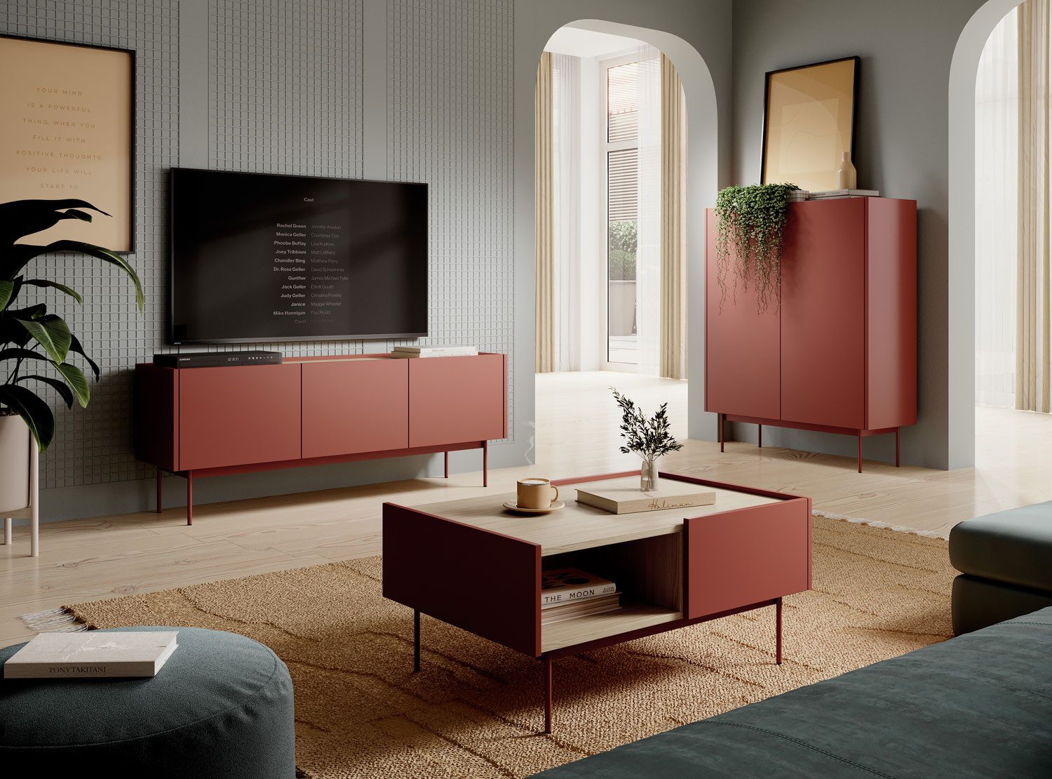 Feldmann-Wohnen Wohnwand Color, (Color, 3-St., Wohnzimmer-Set), 3-teilig, Keramikrot, Eiche Linea, grifflos