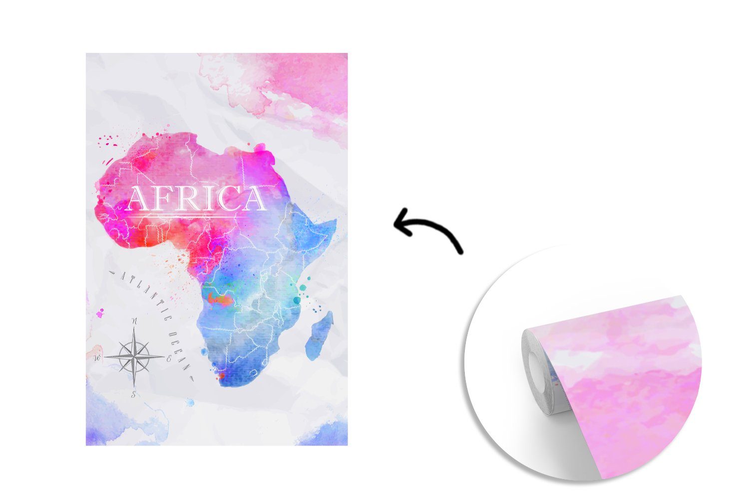 Weltkarte - Afrika, Montagefertig Matt, für Tapete MuchoWow Wandtapete - Wohnzimmer, Fototapete (3 Aquarell St), Vinyl bedruckt,