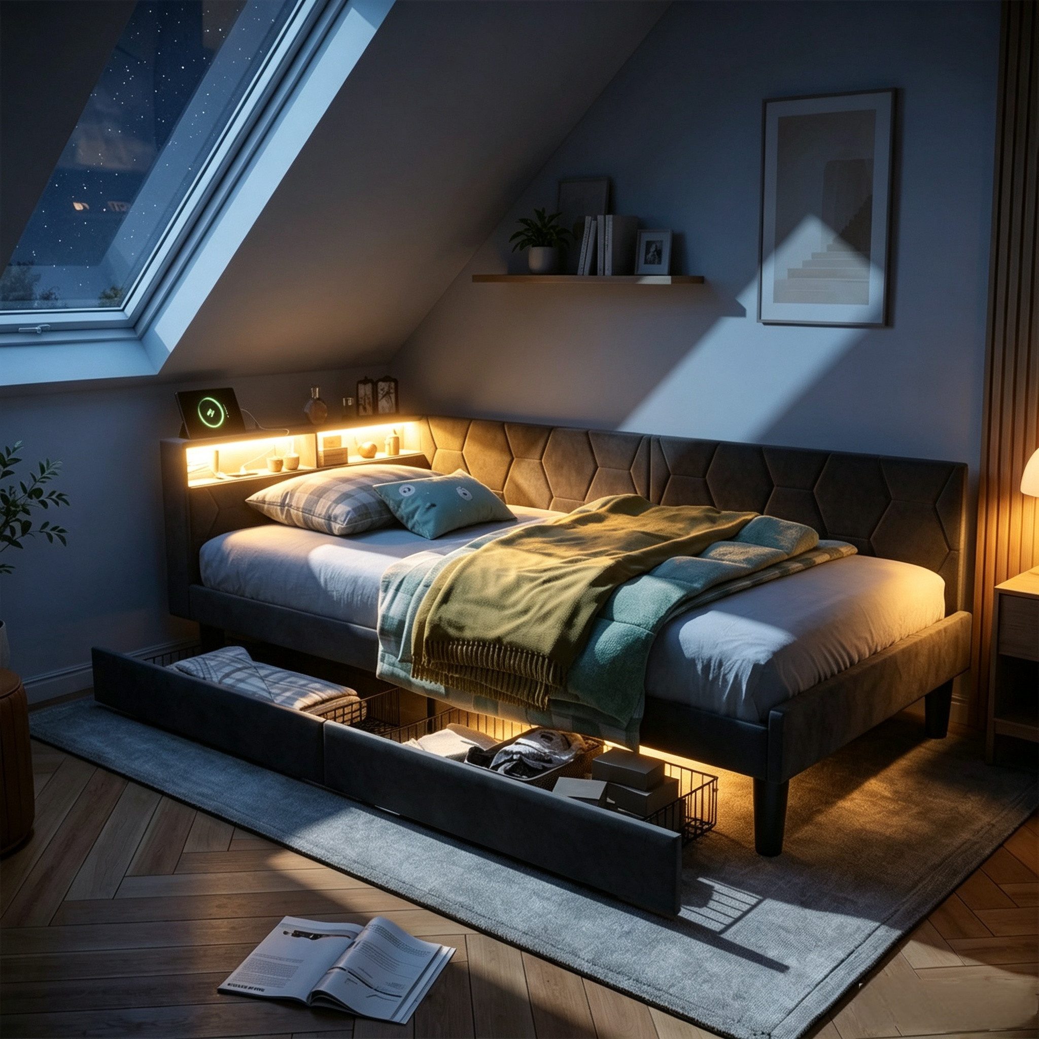PXloue Polsterbett Daybett Tagesbett Ausziehbett (LED) (Samtstoff) (1-tlg., LED-Beleuchtung, Ladestation, in 2 Größen verfügbar), 2 Schubladen, Kopfteil Verwandelt sich in ein Bett, 90x200 cm