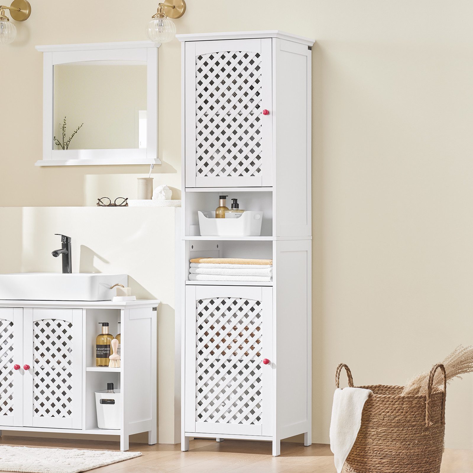 SoBuy Badkommode BZR209, Badezimmerschrank Hoch Badschrank schmal, Badezimmermöbel, Hochschrank mit 2 Türen, verstellbare Ablagen, offenes Fach, Schrank