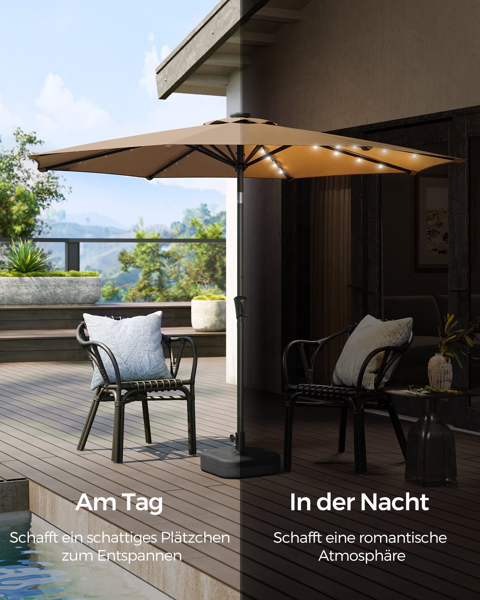 SONGMICS Sonnenschirm, ∅300cm,mit LED-Solar-Beleuchtung,UPF50+,ohne Ständer