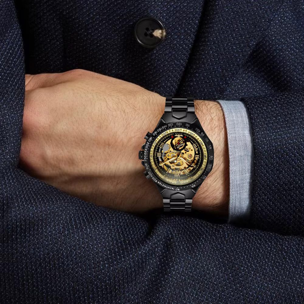 Rötting Design Automatikuhr Herrenuhr Armbanduhr Edelstahl Skelett schwarzes Design, (1-tlg), goldfarbenes Ziffernblatt