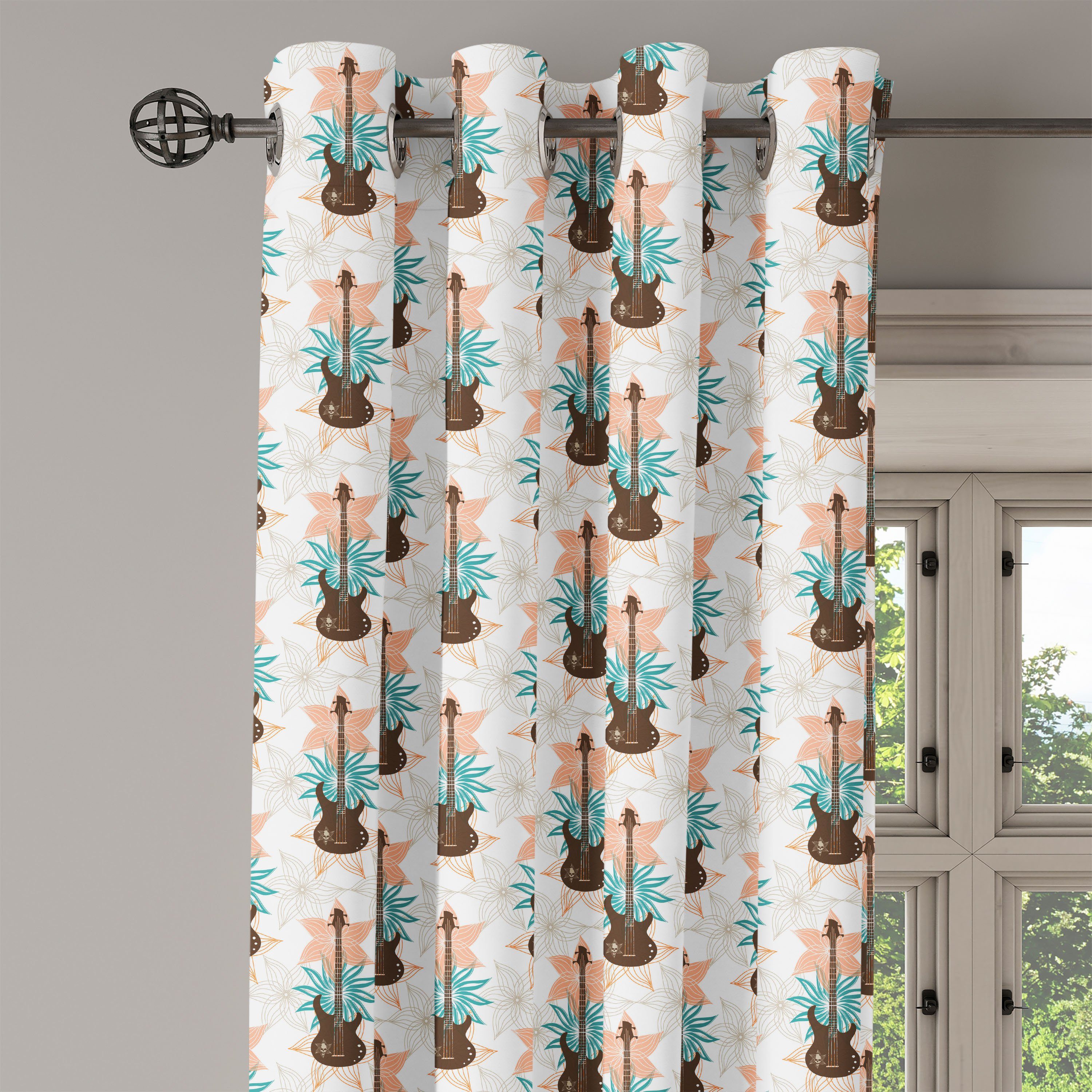 2-Panel-Fenstervorhänge Abakuhaus, Gardine für Dekorative Grunge Wohnzimmer, Blumen Gitarre Schlafzimmer Bass