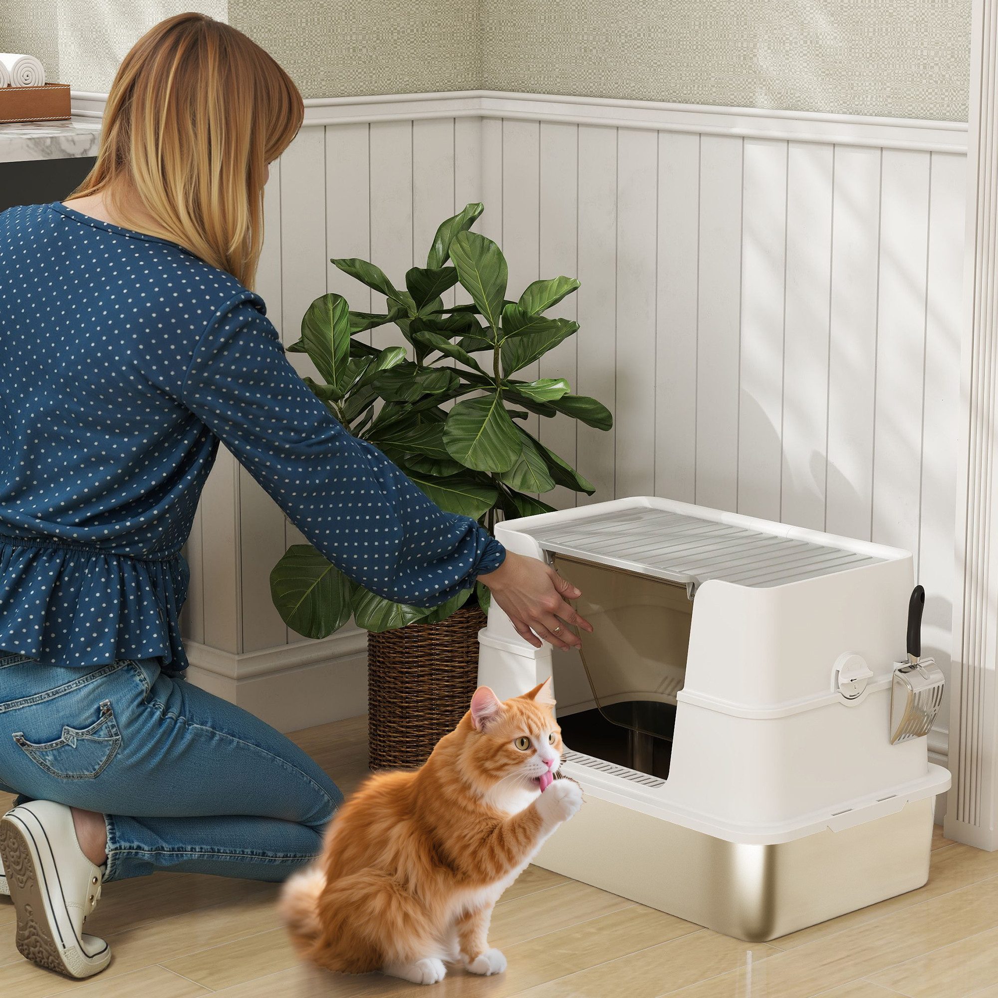 PawHut Katzentoilette Katzenklo Edelstahl mit Deckel XL, für große Katzen bis zu 15 kg, 60,2 x 40,2 x 44,5 cm Hellgrau