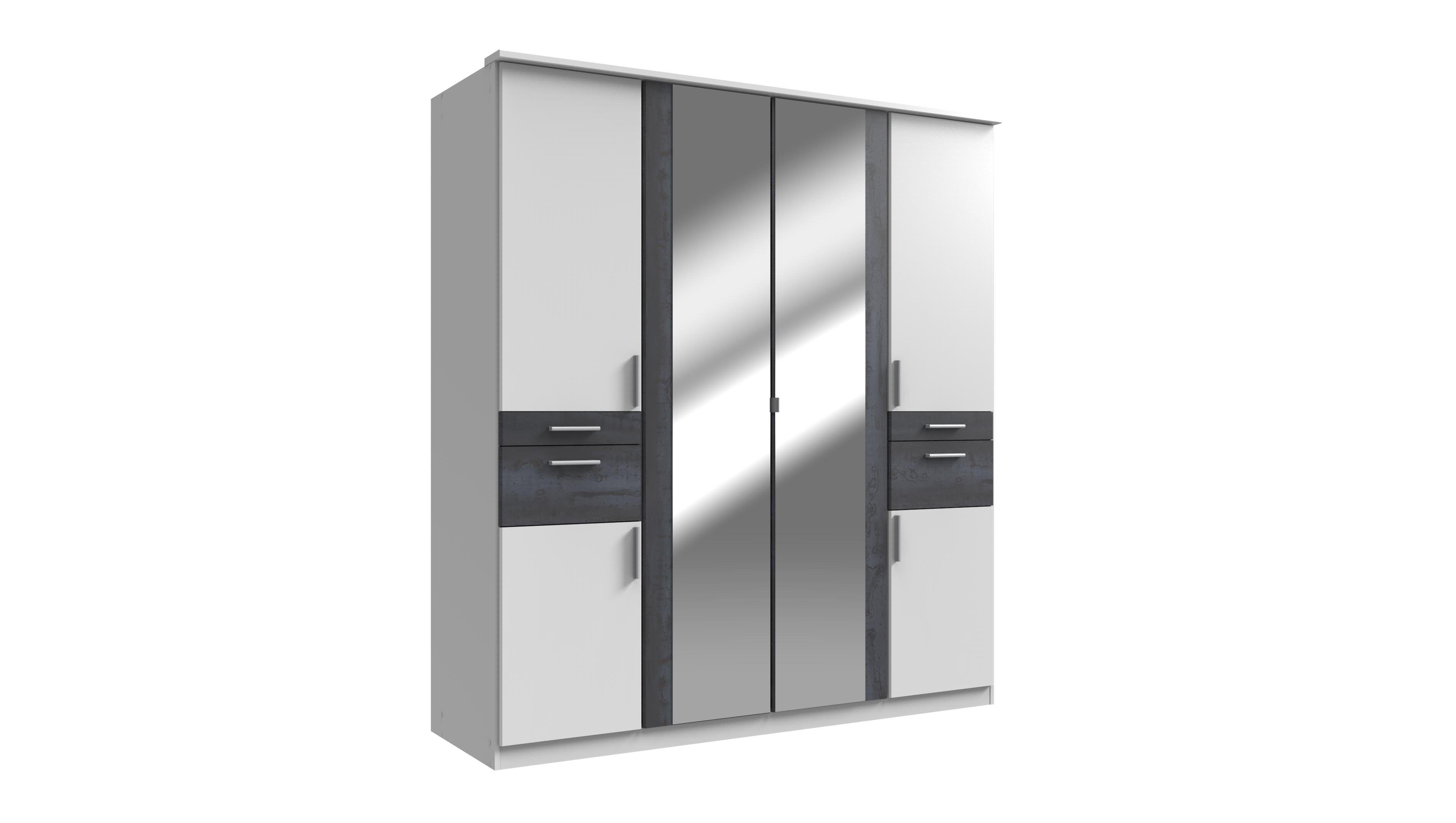 möbelando Kleiderschrank Kalindi Moderner Digi Germany Spanplatte 4 198 Digi-Steel mit 58 199 2 Steel 3 in Kleiderschrank cm, cm, Weiß in Made Breite Schubkästen Kleiderstangen Tiefe Holztüren, Einlegeböden, 4 Höhe 3 in Weiß, aus Optik (davon Accessoire-Fach) Spiegelüren, und mit 2 Absetzungen cm