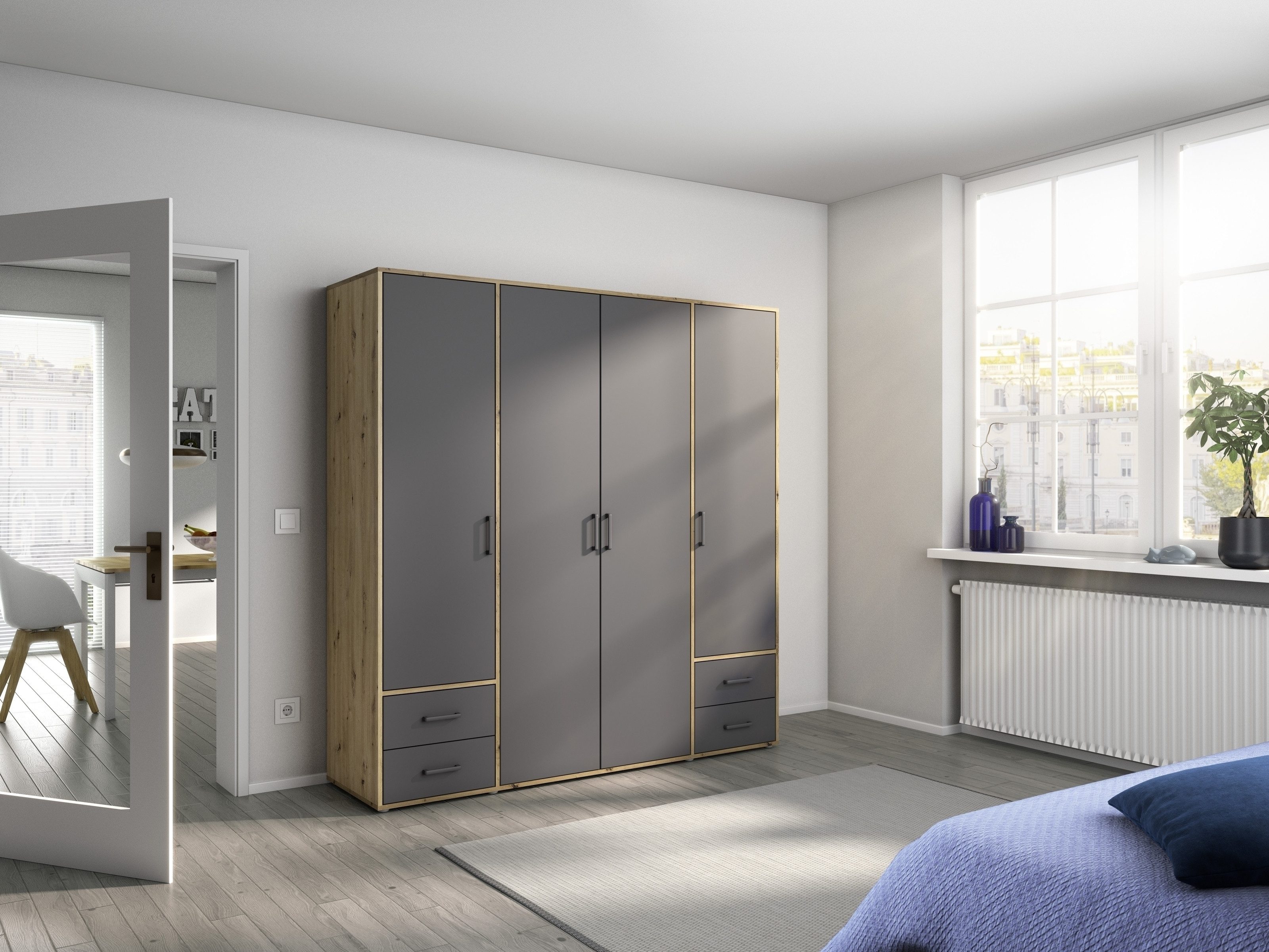freiraum Drehtürenschrank Voyager 4 Schübe, 5 Böden, grau / Eiche Artisan Dekor - 187x194x53 (BxHxT)