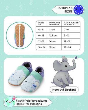 Corimori Baby-Schuhe Lauflernschuhe Krabbelschuhe Echt-Leder Mädchen Jungen Lauflernschuh (Packung) Süße Lauflernschuhe, Lederschuhe, Barfußschuhe, Elefant, 0-6 Monate