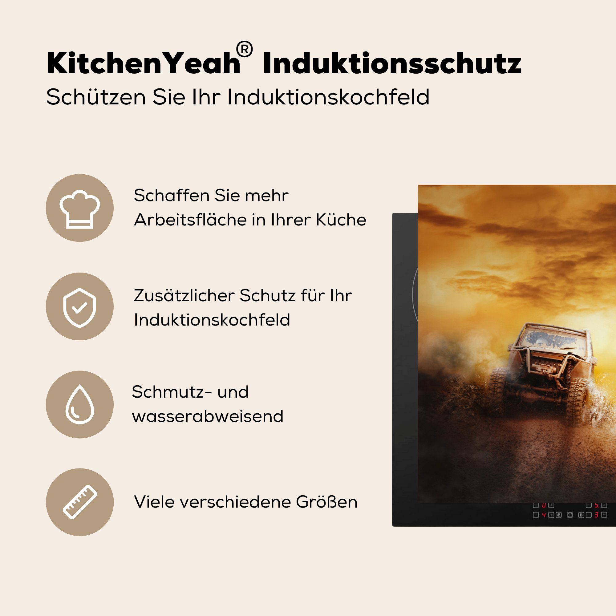 Schlamm, Herdblende-/Abdeckplatte - Auto MuchoWow Vinyl, Arbeitsplatte küche (1 Rennen für - Ceranfeldabdeckung, 83x51 cm, tlg),