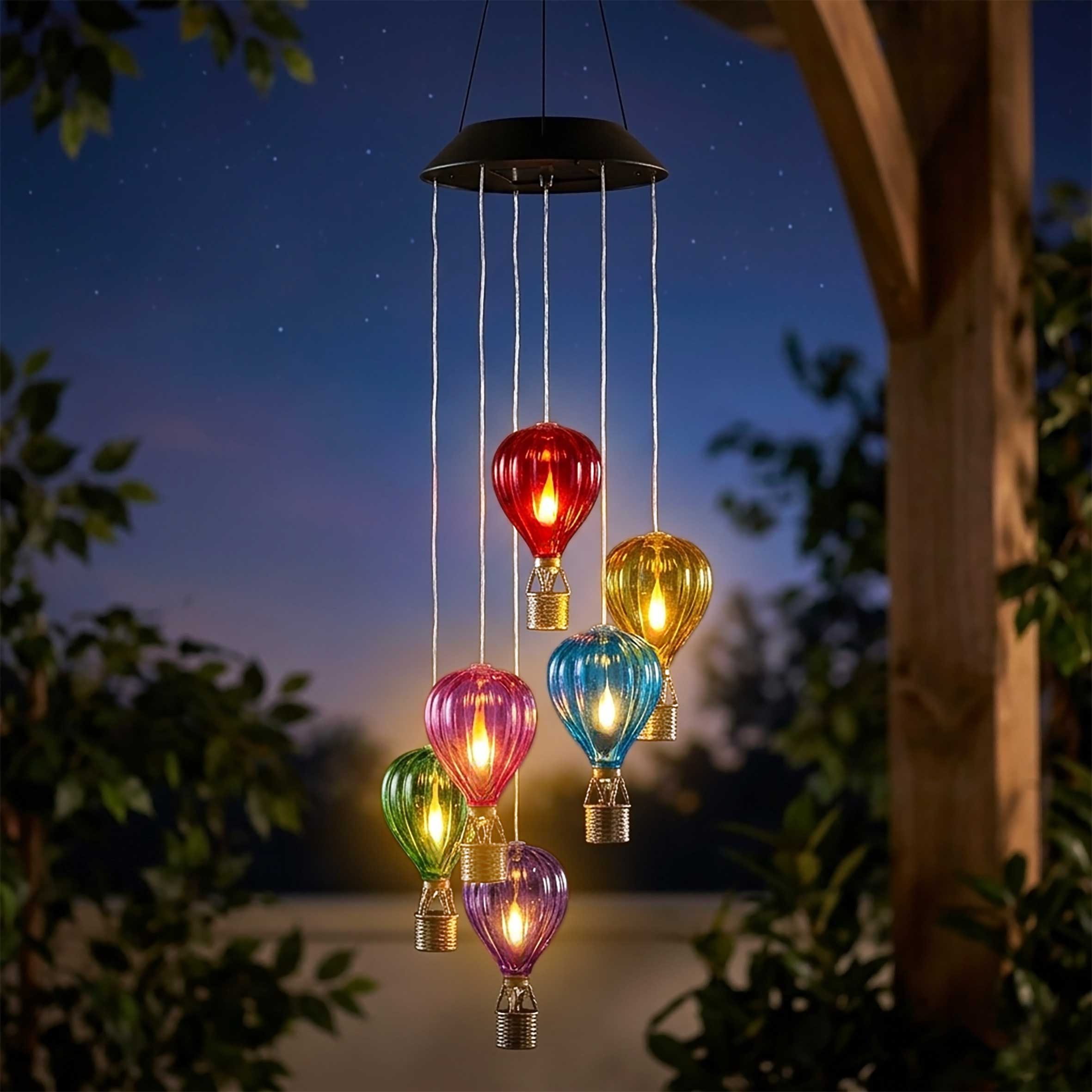 Spetebo Windspiel Solar Lichtspiel mit 6 bunten Heißluftballons beleuchtet (Windspiel mit 6 bunten Heißluftballons, 1 St., 80 x 17 cm), mit Flammeneffekt