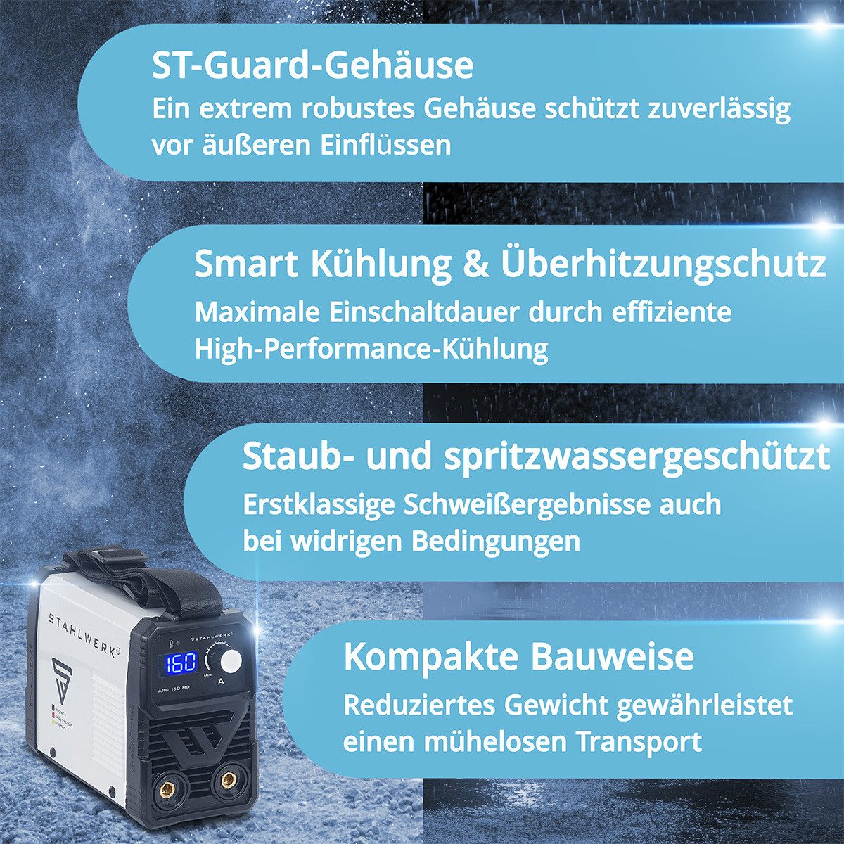 STAHLWERK Inverterschweißgerät ARC 160 MD Schweißgerät Vollausstattung, 30 - 160 A, Packung}, 6-tlg., Vollausstattung, Lift-TIG Inverter mit 160 Ampere, IGBT Technologie und Single-Board