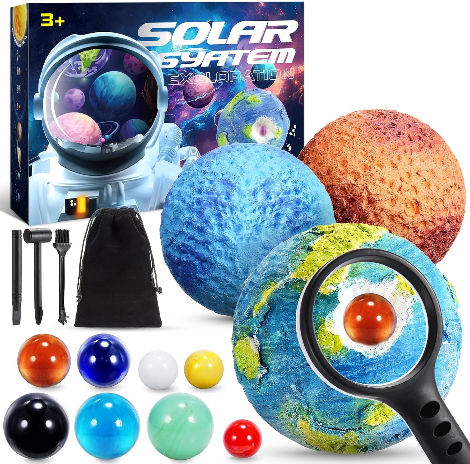 hapikids Experimentierkasten Edelsteine-Ausgrabungsset Kinder Planeten 8 Glasmurmeln Lernspiel, (Edelsteine-Ausgrabungsset Planeten für Kinder ab 6 Jahren, 21-tlg., Interaktives Lernspiel für Kinder), Praktisches Lernspiel Weltraumthema Fördert Kreativität