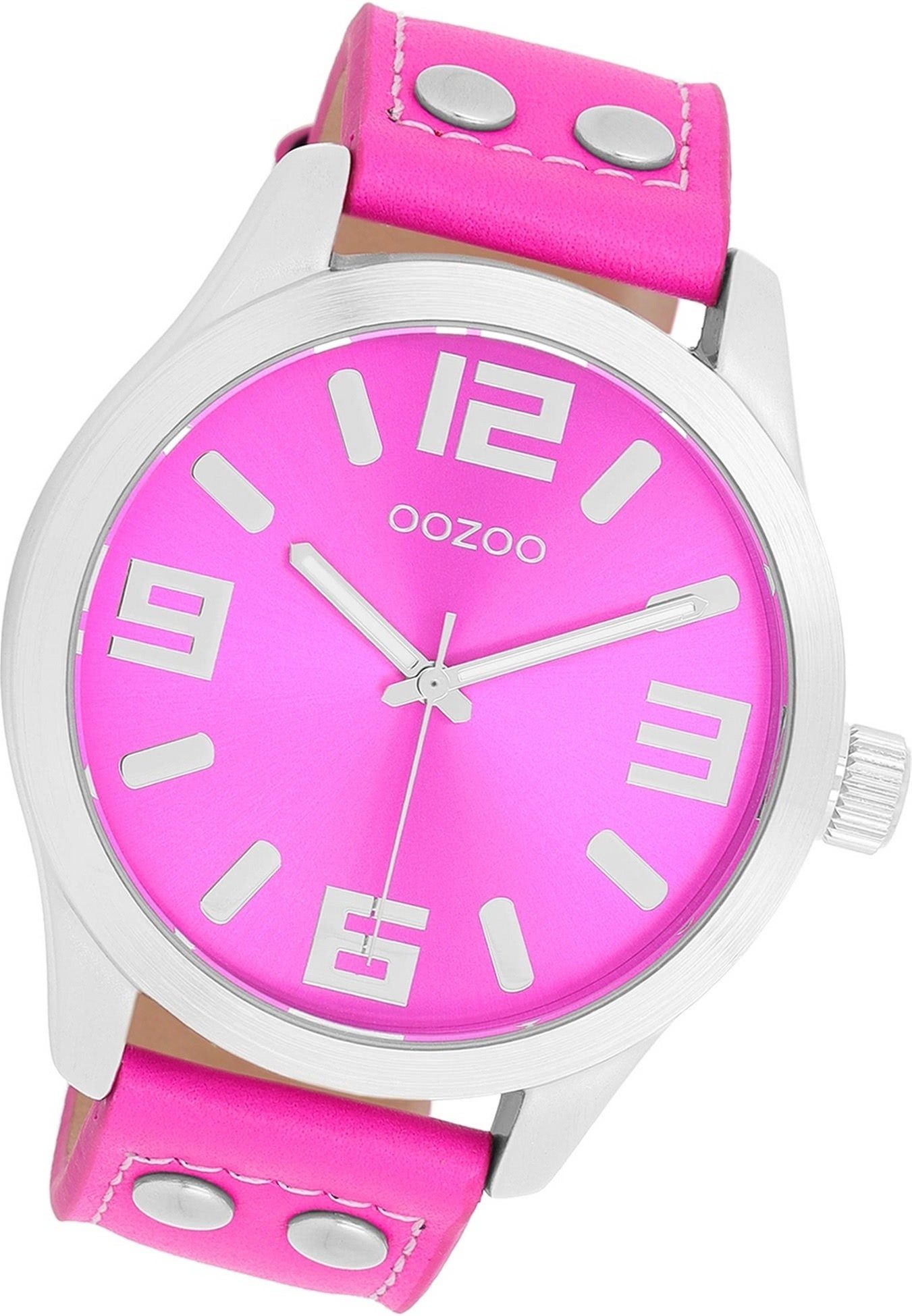 OOZOO Quarzuhr Oozoo Damen Armbanduhr Timepieces, Damenuhr Lederarmband pink, rundes Gehäuse, extra groß (ca. 46mm)